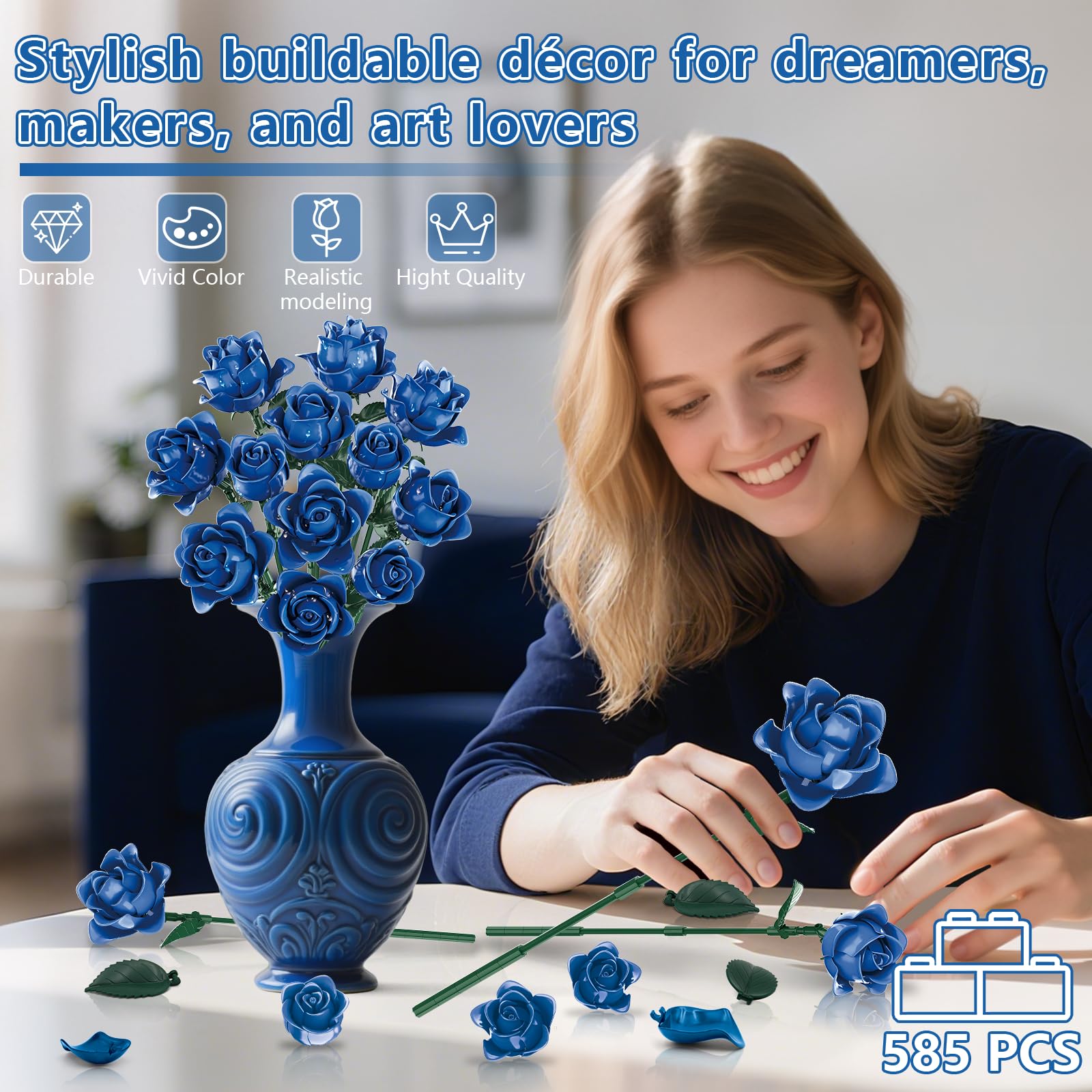 kiothdre Kit de Construction de Bouquet de Roses Bleues - Collection Botanique en Fleurs Artificielles, Cadeau DIY pour Femmes (Saint-Valentin & Fête des Mères) - Décoration Intérieure