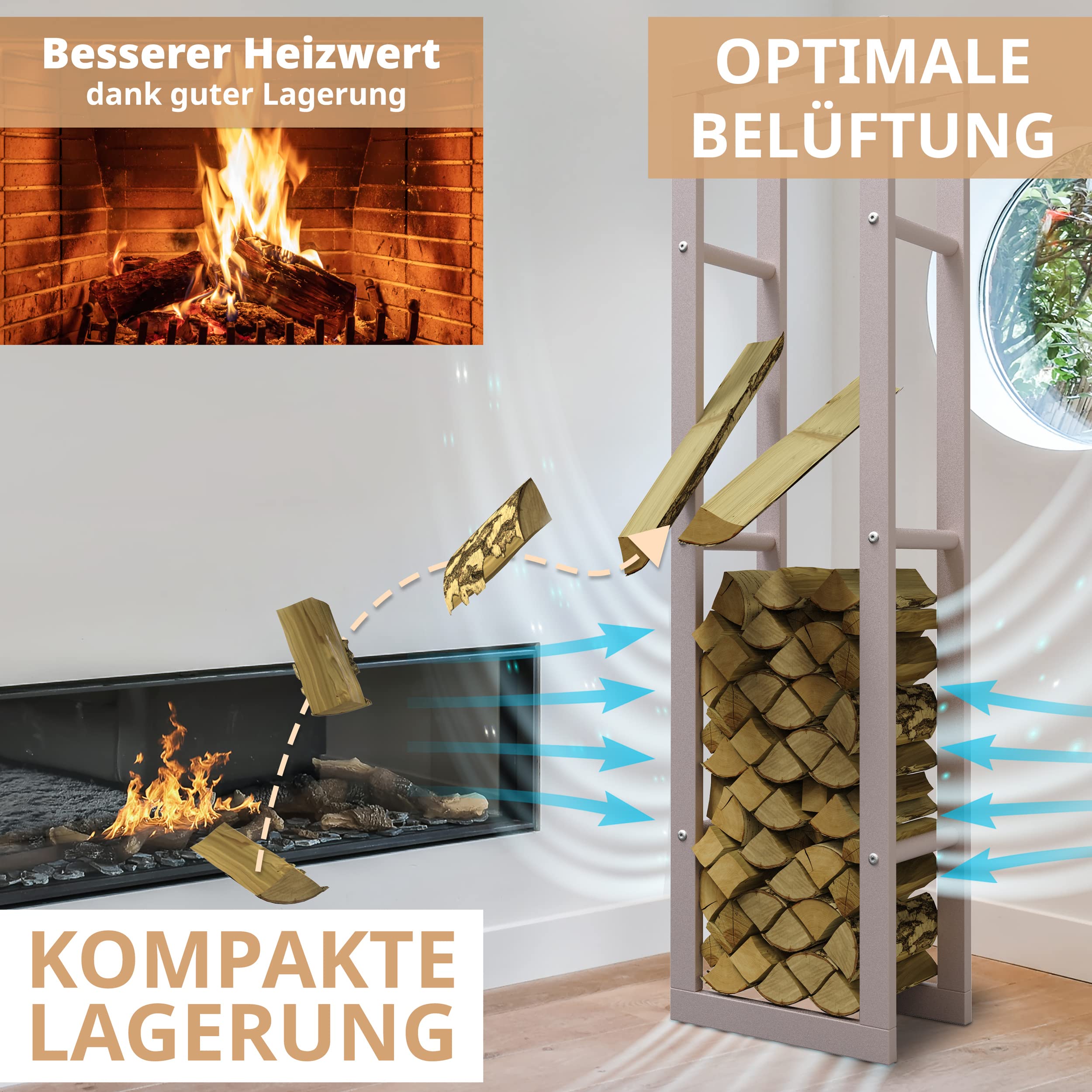 Kaminholzregal Metall innen VERZINKT 40x25x150 Feuerholzregal hoch Brennholzregal außen Kaminofenregal Kaminholzständer Holzlege Holzregal (RAL 9001 Cremeweiß) | 40 x 25 x 150 cm, Innen und Außen, Kaminholzständer, Brennholzständer
