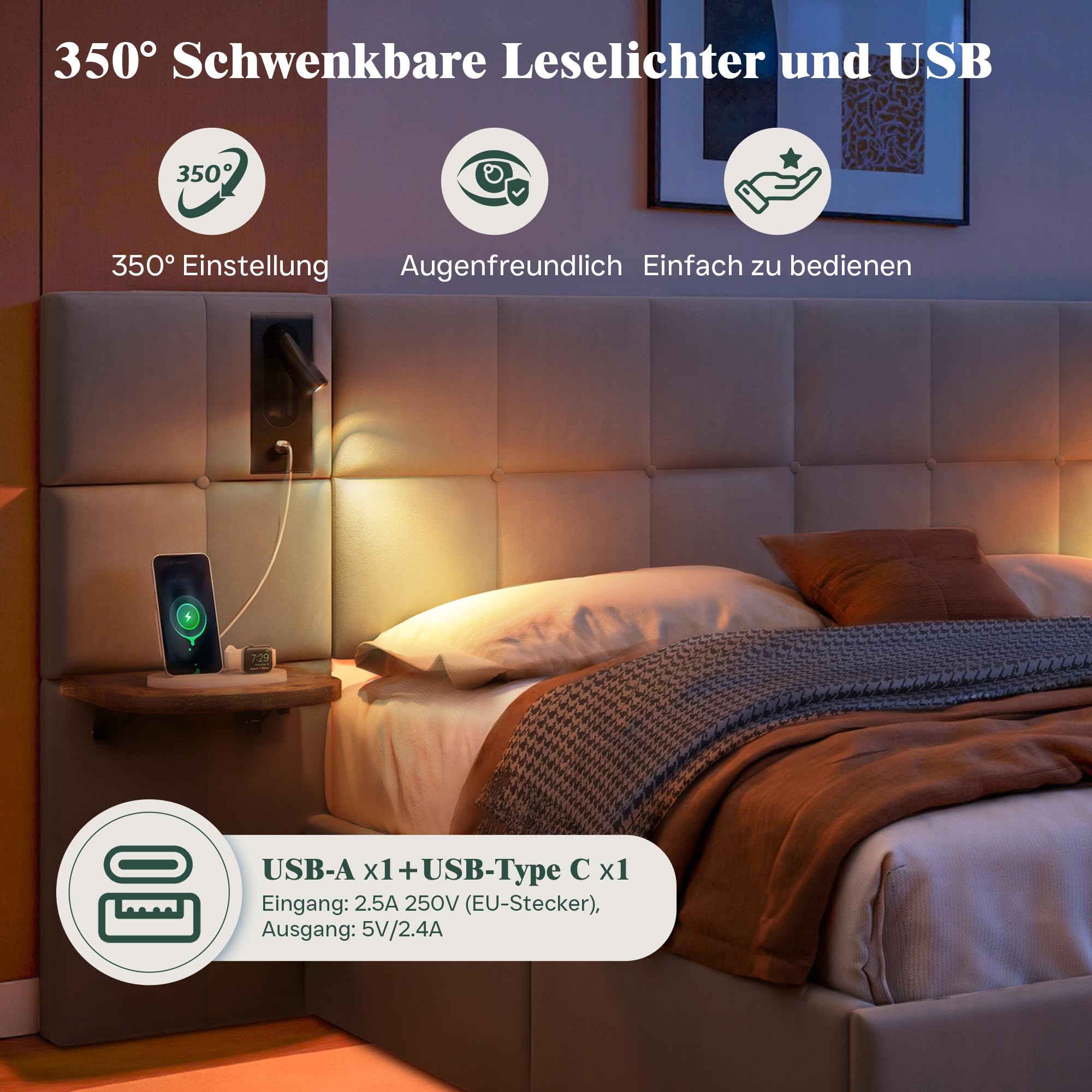 LUXOAK Polsterbett mit Stauraum, Gasdruckfeder, Grau | Bettkasten mit Gasfedern | Leselampen, USB-A/C + Klappablage | stabiler Rahmen bis 454kg Tragkraft