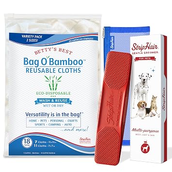 StripHair Pet & Home Bundle 3 piece kit Gentle Groomer 6-in-1 Shedding Tool Groom Massage Storage Pouch, Bag O Bamboo Dry Cloth Wipes variety pack