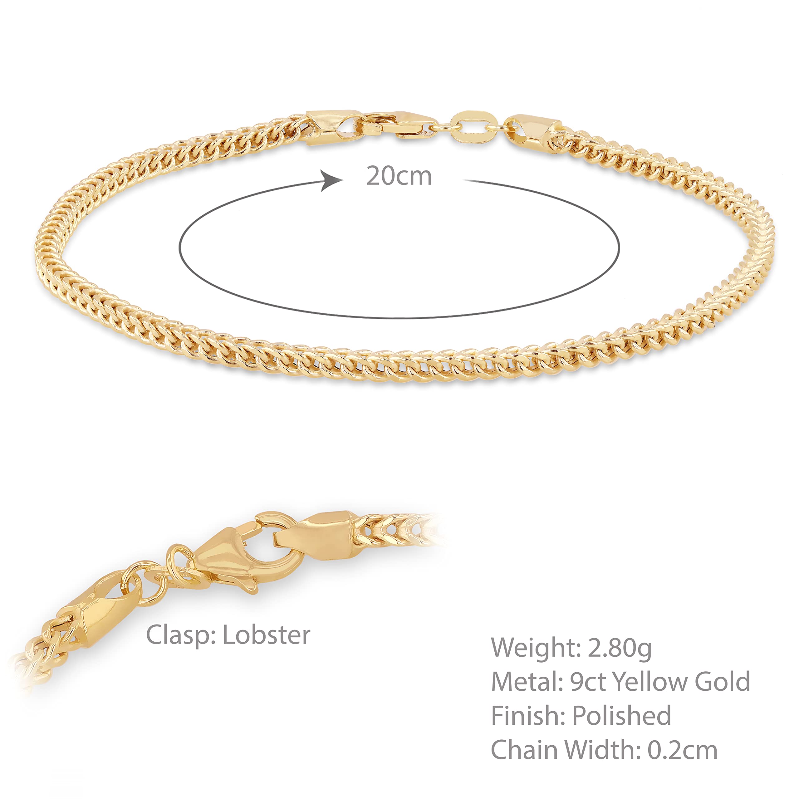 CARISSIMA Bracciale da Donna in Oro Giallo 9ct con Maglie Franco da 2mm, Lunghezza 20cm/8"