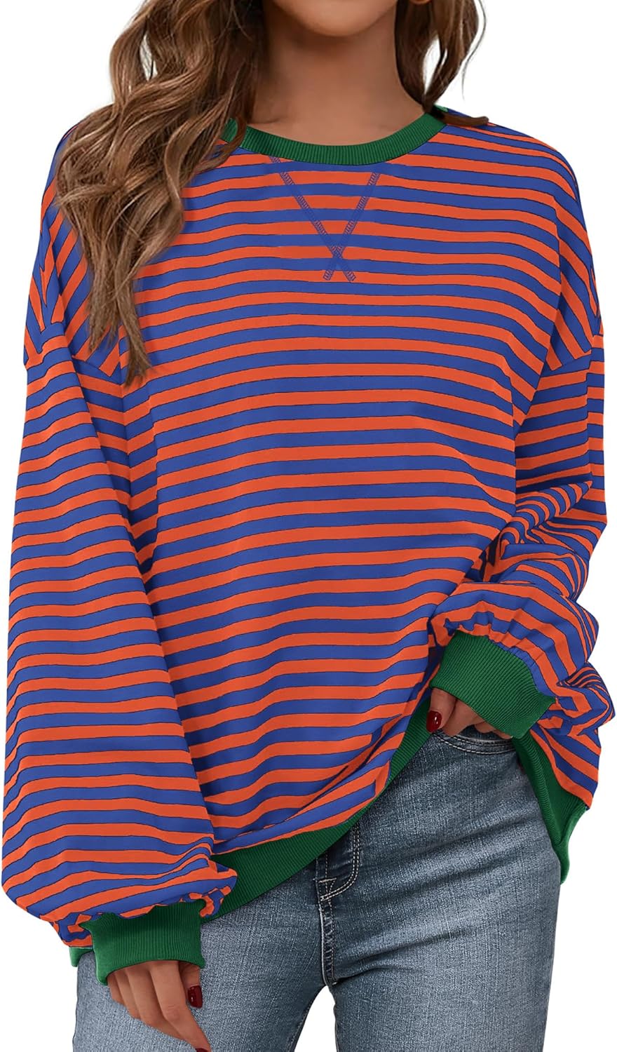 BTFBM Womens Oversized Striped Sweatshirt 2026 Spring Crewneck Long Sleeve Pullover Top Casual Y2K Clothes Workout Shirt