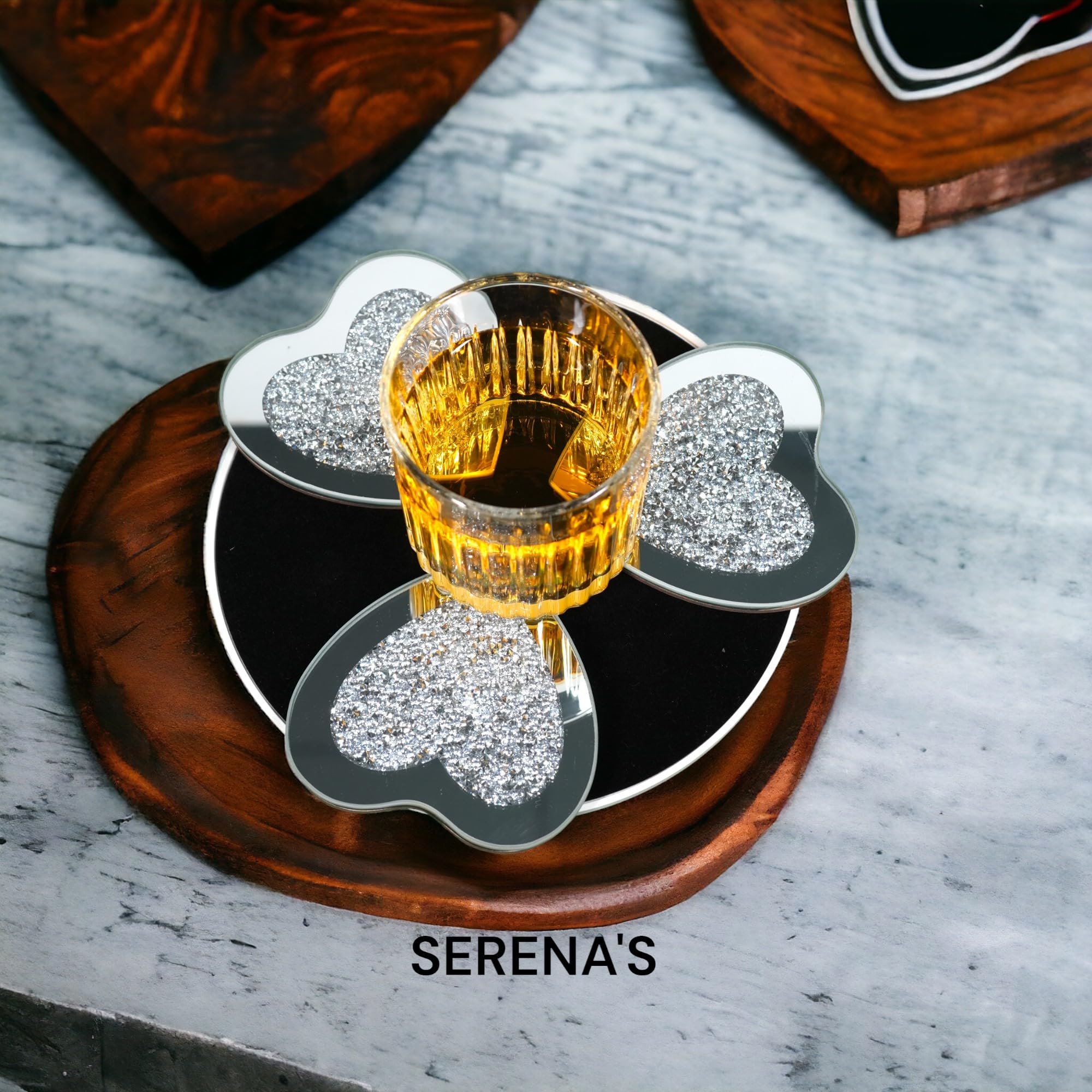 SERENA'S ® 4 Pack Crushed Diamond Crystal and Mirror Coasters Set of 4 Glittering Silver Coasters for Home Kitchen Bar & Restuarant Decor (Heart) - Image 4