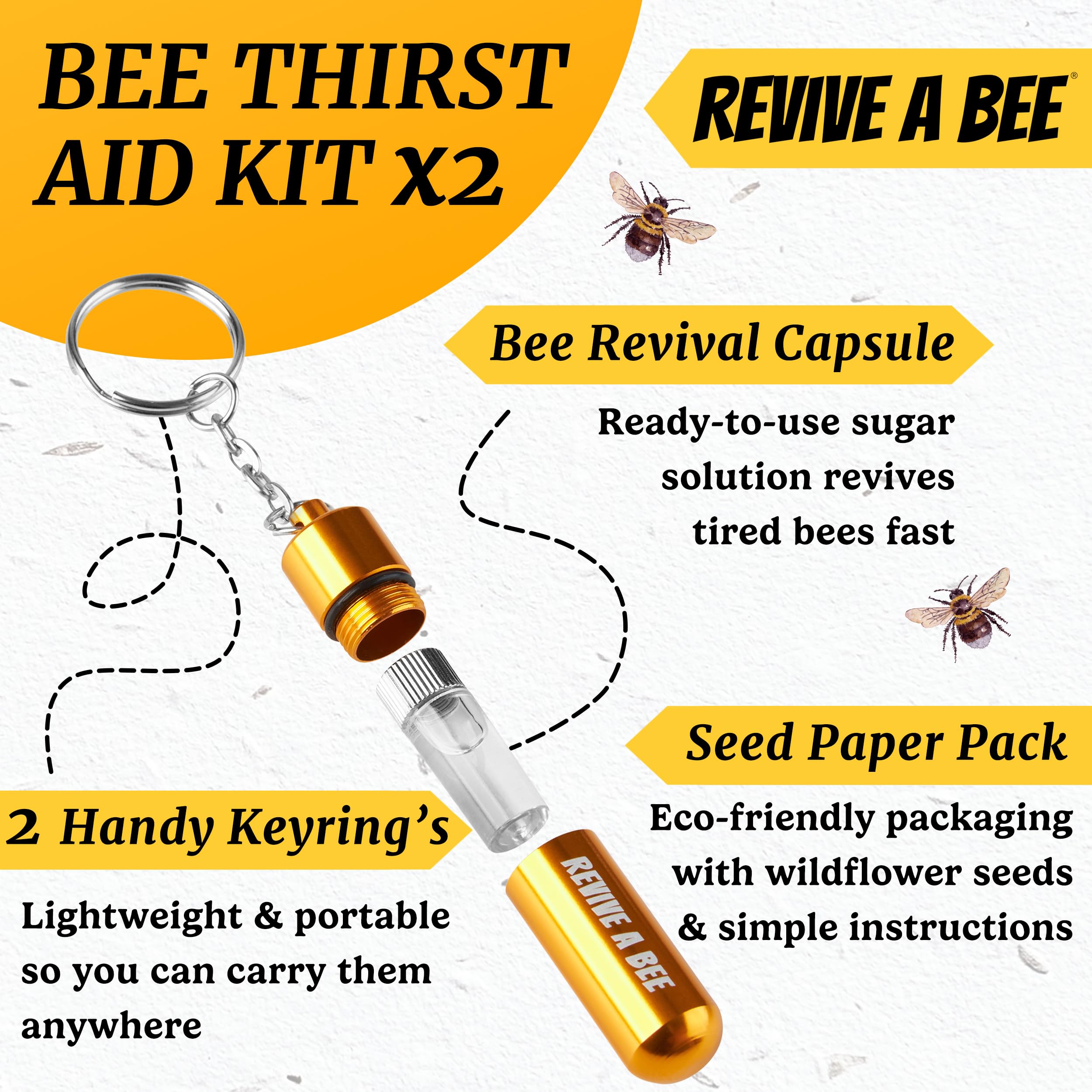 Revive a Bee Gift Box, 2 x Bee Revival Kit Keyrings, 1x Refill Bottle & Plantable Seed Paper, Gift For Eco-Conscious Nature Lovers — view 2