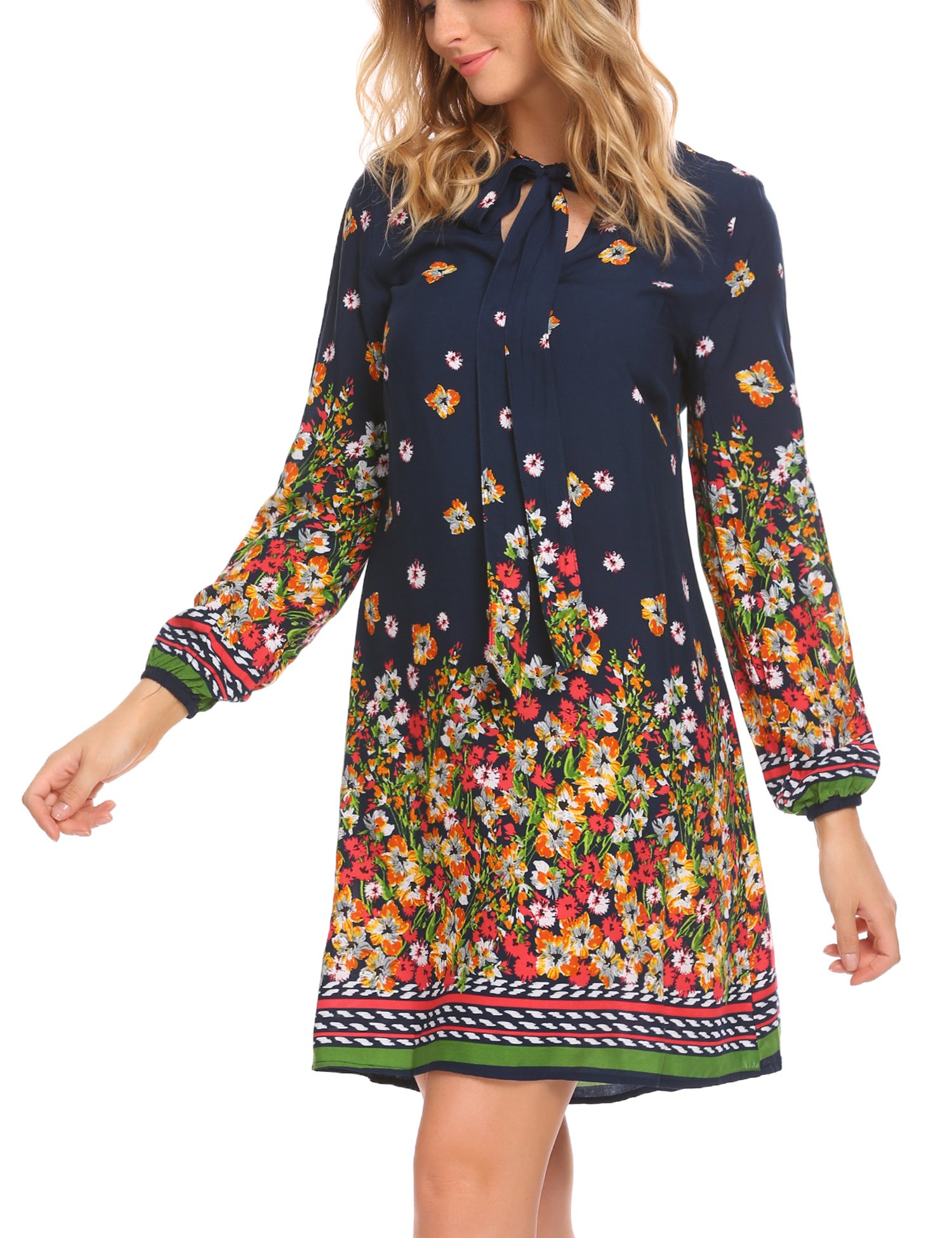 SE MIU Women's Long Sleeve Tie Neck Floral Print Shift Loose fit Tunic Dress