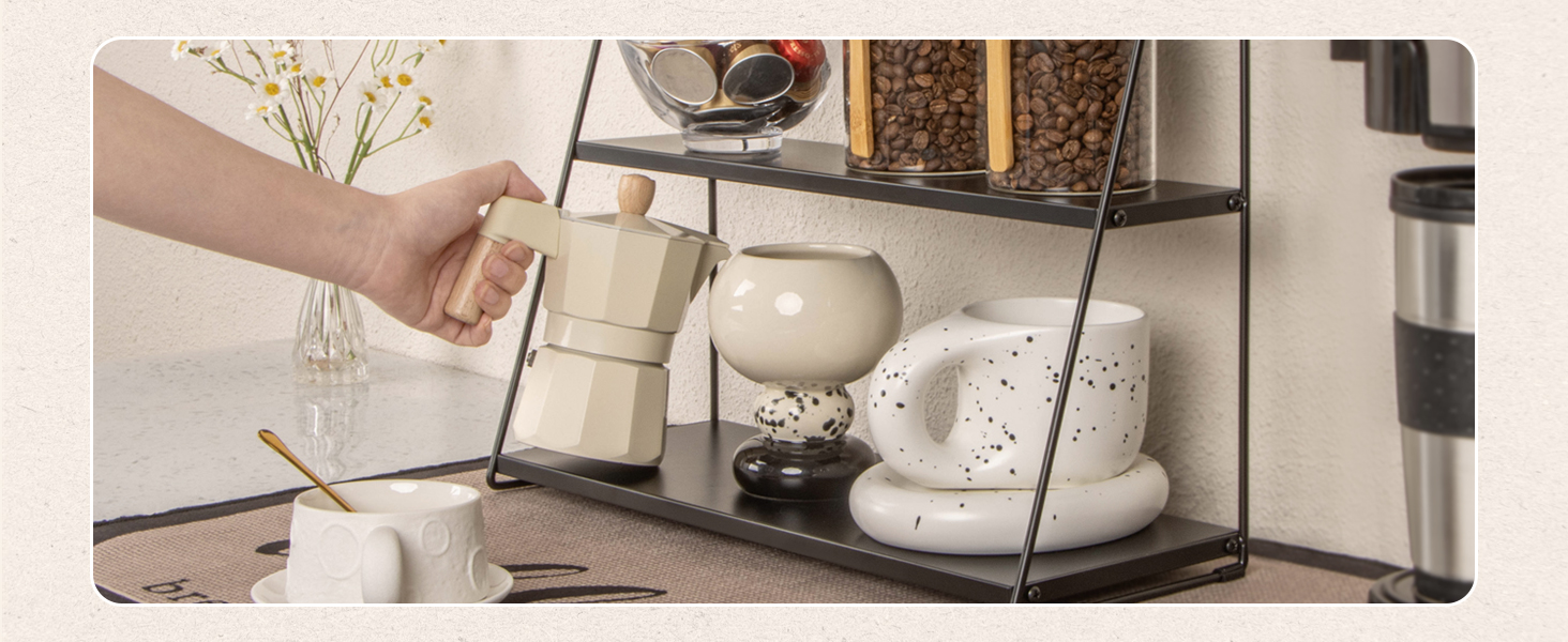 IBUYKE Porta tazzine da caffè con 16 Ganci e Ripiano Portaoggetti, Espositore per Tazze da caffè, per Cucina, Sala da Pranzo, Sala da tè, Nero TBJ001B