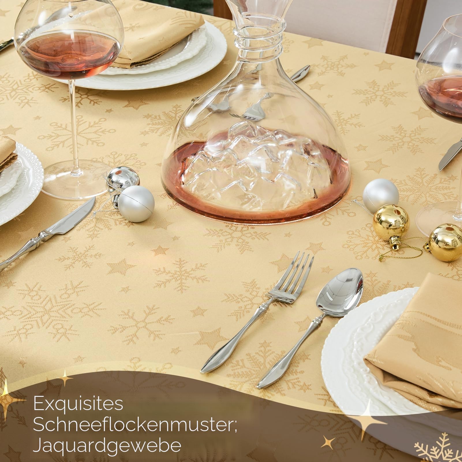 Romanstile große Tischdecke Weihnachten 150 x 350 cm Gold abwaschbar & wasserabweisend,Jacquard Sterne & Schneeflocke,eckig XXL Tischtuch für Winter,Weihnachtsdeko,Fest,Xmas