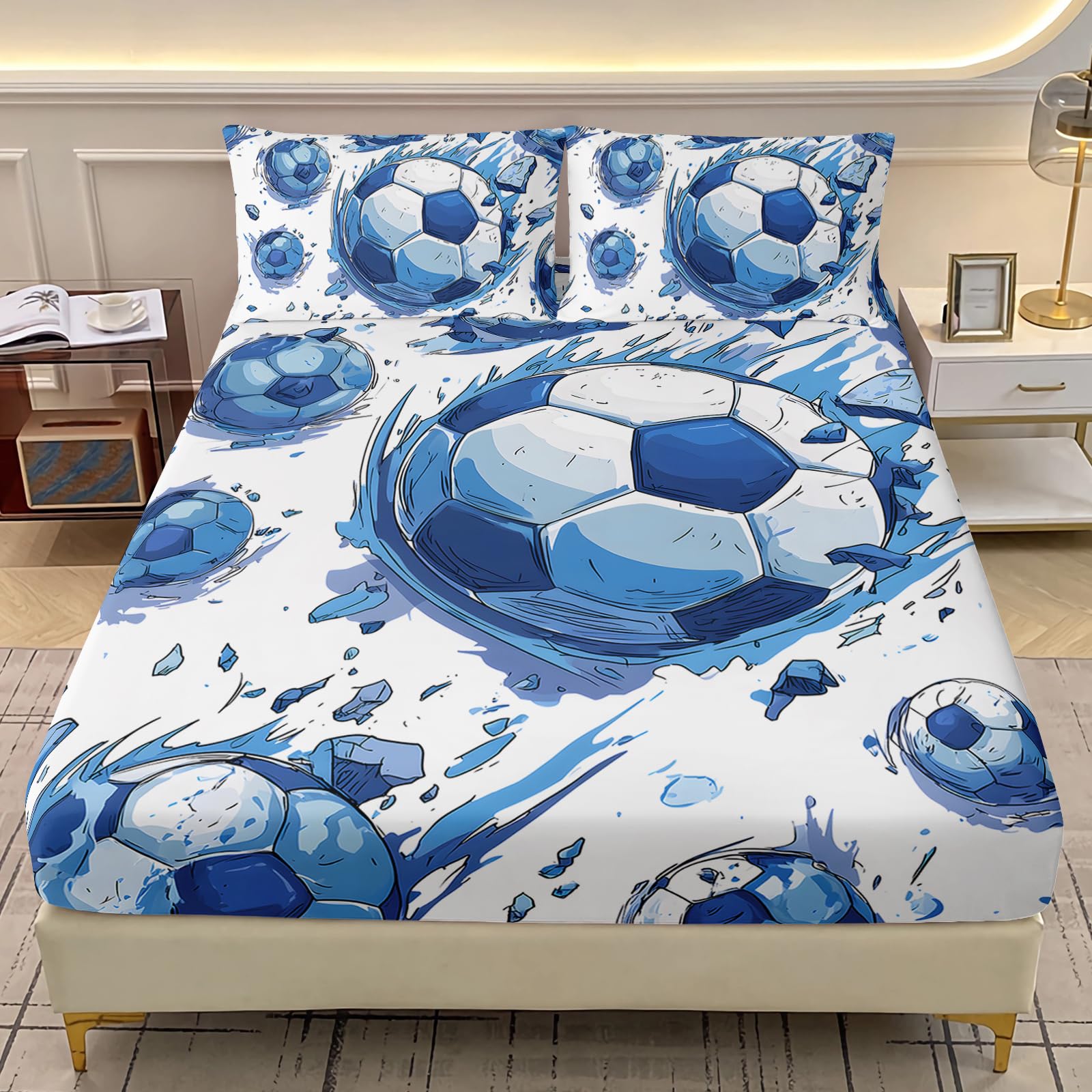 AILONEN Boys Soccer Full Size Fitted Sheet Set,Football Sports Bedding Set 3Pcs for Kids Teens Adults,Blue Graffiti Soccer Balls Bed Sheet with 2 Pillowcases