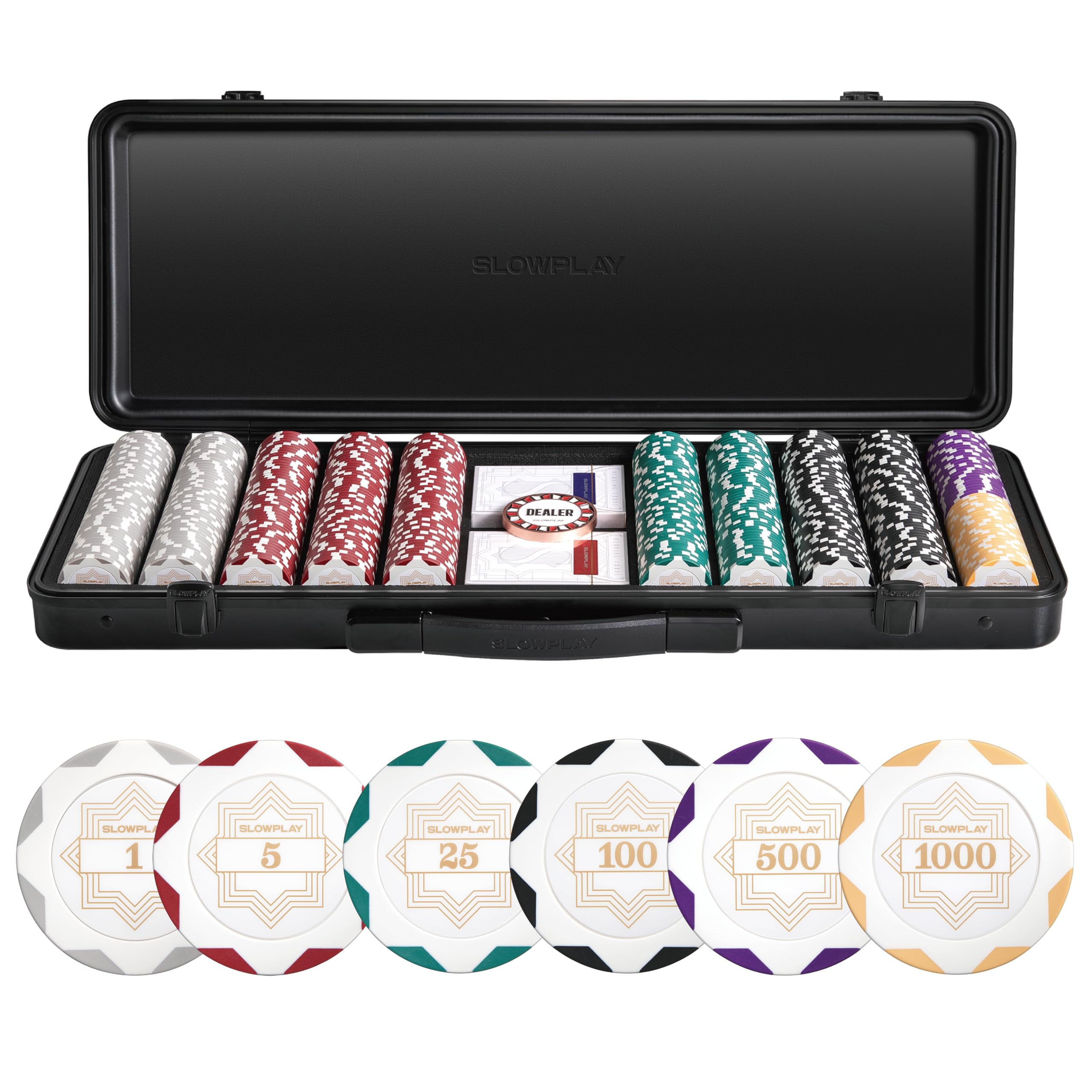 SLOWPLAY Nash 14g Clay Poker Chip Set White Gold Edition– 500PCS Full Set for Texas Hold’em | Numbered Chips: 1, 5, 25, 100, 500, 1000 | Premium Case with Durable German Polycarbonate Shell