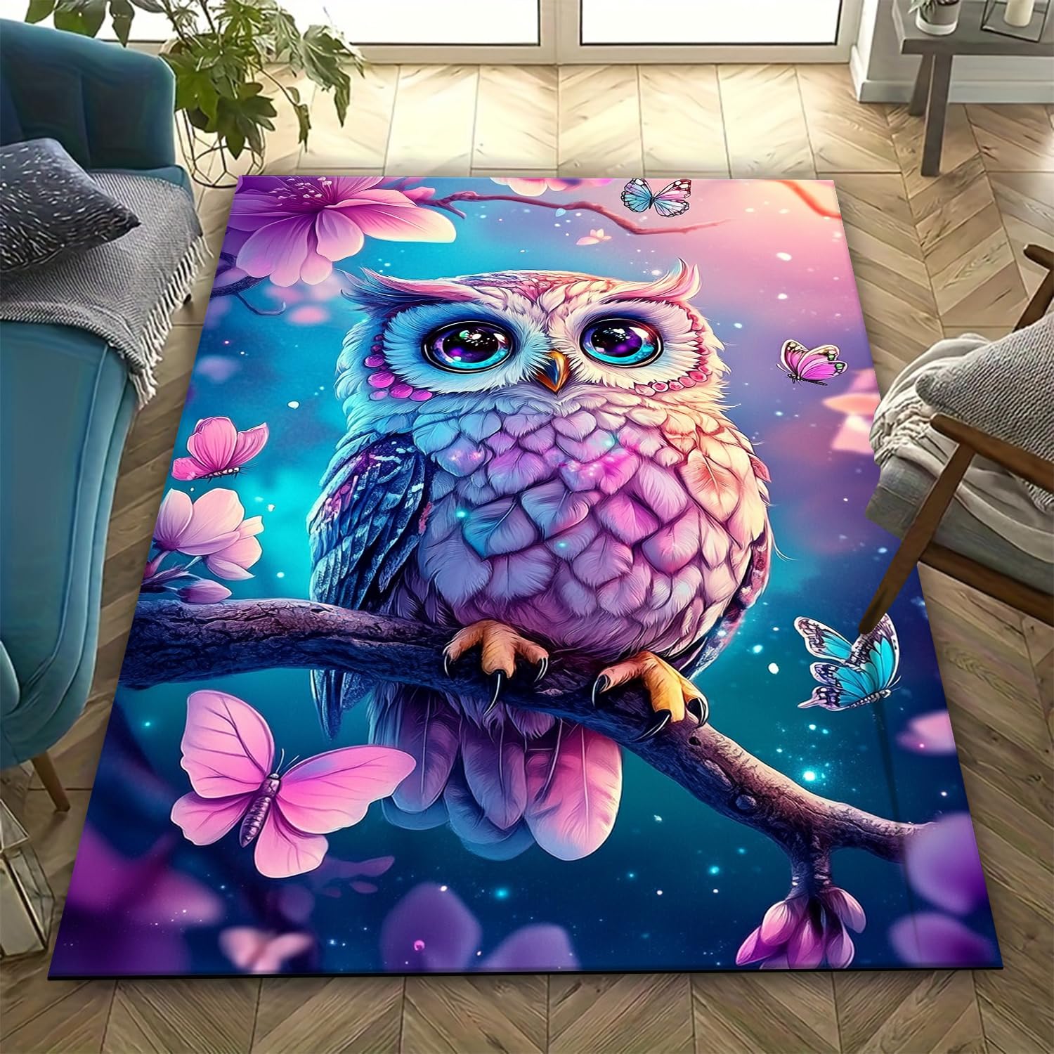 Tapis doux lavable hibou 3D avec envers antidérapant pour intérieur moderne