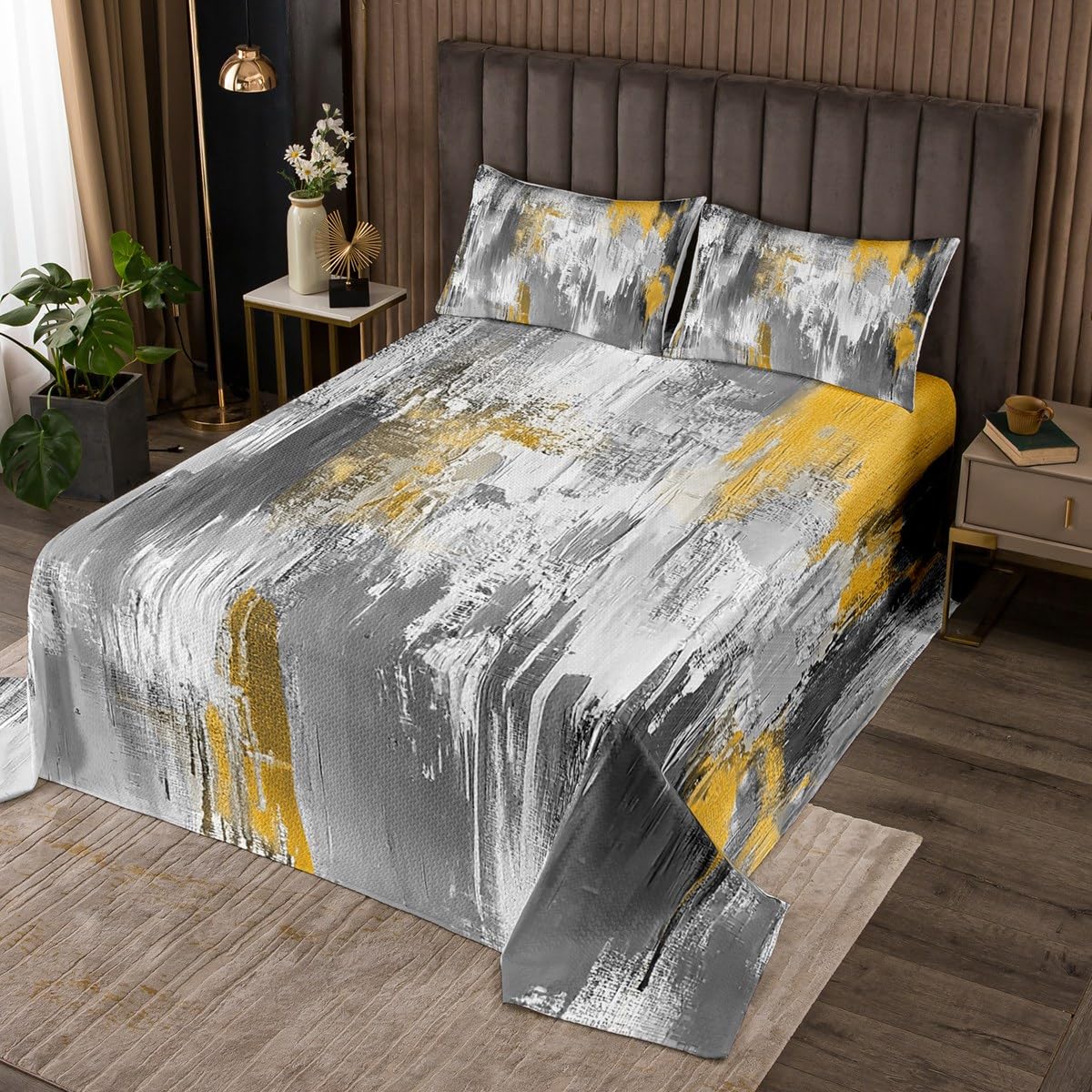 jejeloiu Abstract Art Bedspread for Kids Boys Girls Queen Size Gray Gold Gradient Coverlet Set Modern Quilted Coverlet Lightweight Retro Art Bedspread Cover Room Decor