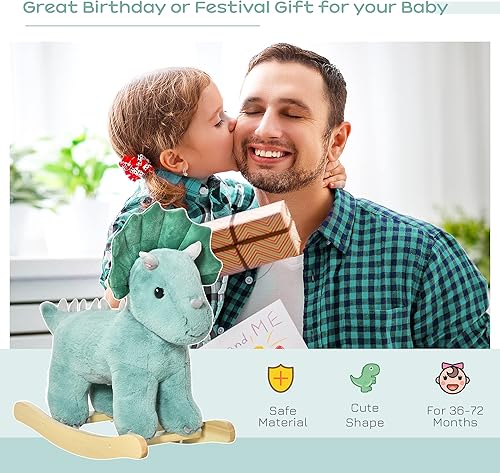 Miniatura 3 de Qaba Kids Caballo de montar de peluche con forma de Triceratops, juguete mecedora con sonidos realistas para niños de 36 a 72 meses, verde oscuro