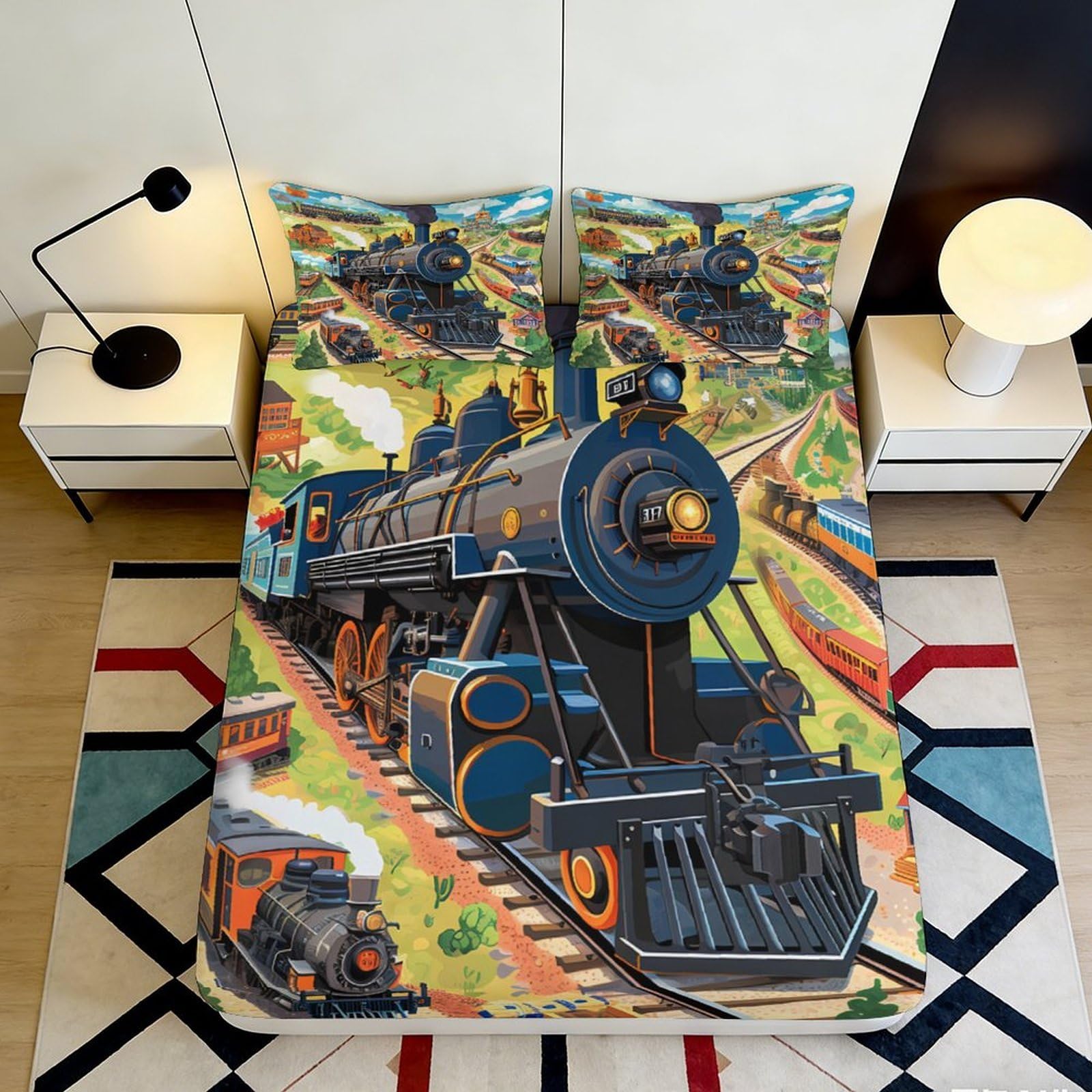 3D Printed Vintage Train Fitted Sheet Microfiber Durable Easy Care Locomotive Bed Cover for Bedroom Dormitory Guest Room Mattress Protection 90x200x25cm
