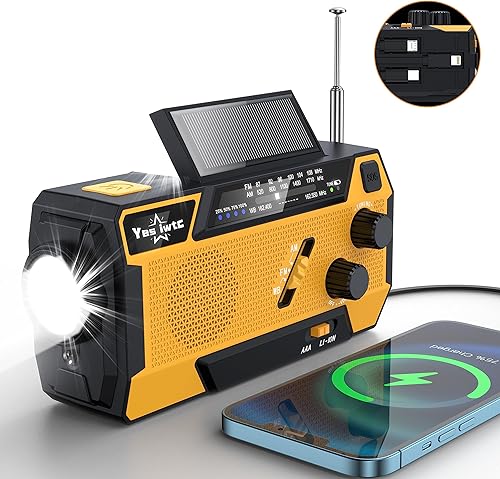 Yestiwc - Radio de manivela de emergencia de 7400 mWh, radio solar de manivela, radio de batería de emergencia con NOAAAMFM, banco de energía,