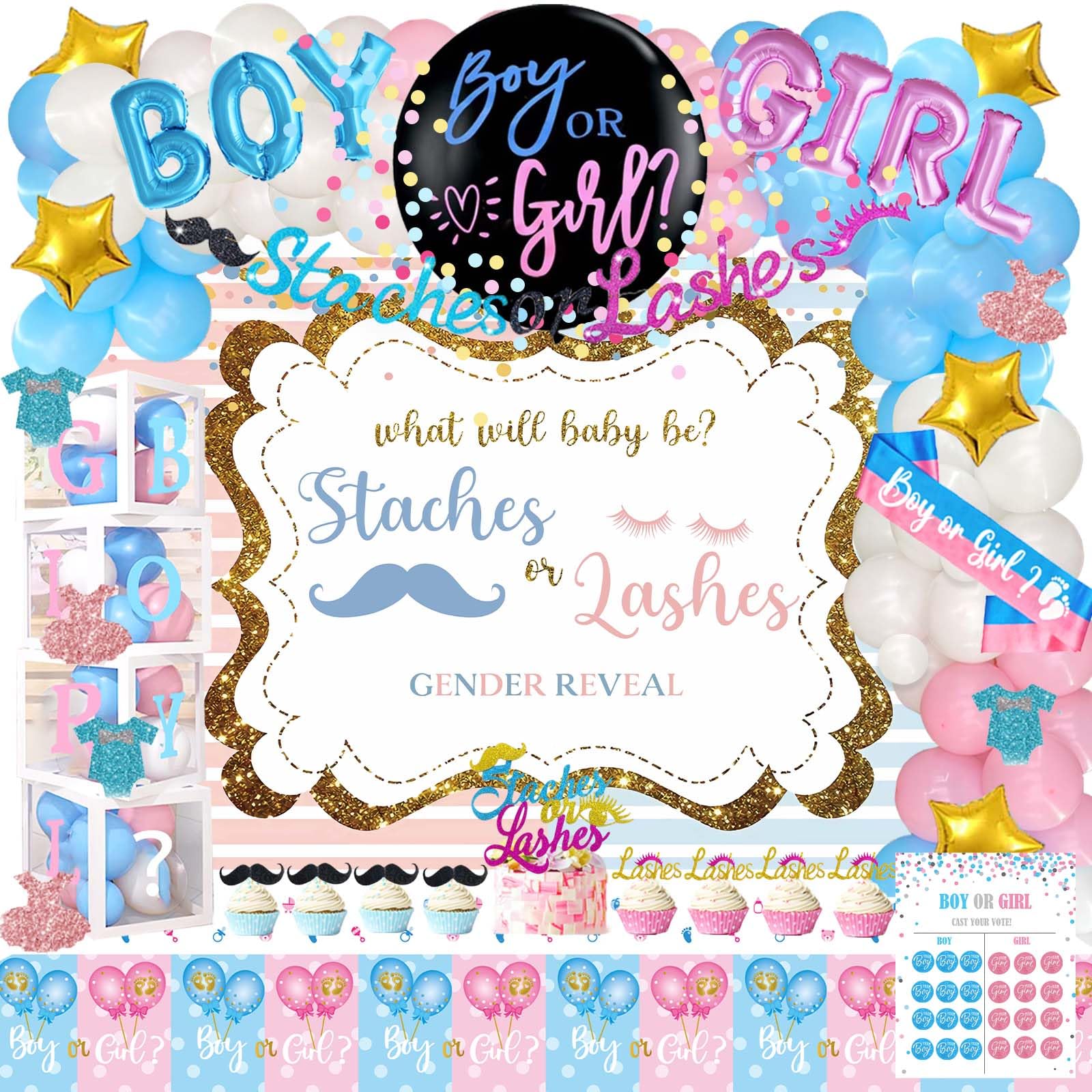Hombae Staches or Lashes Gender Reveal Decorations, 169 PCs Boy or Girl Gender Reveal Decorations Backdrop Balloon Garland Banner Tablecloth Cake Cupcake Topper Box Cutout Poster Sash Pink Blue