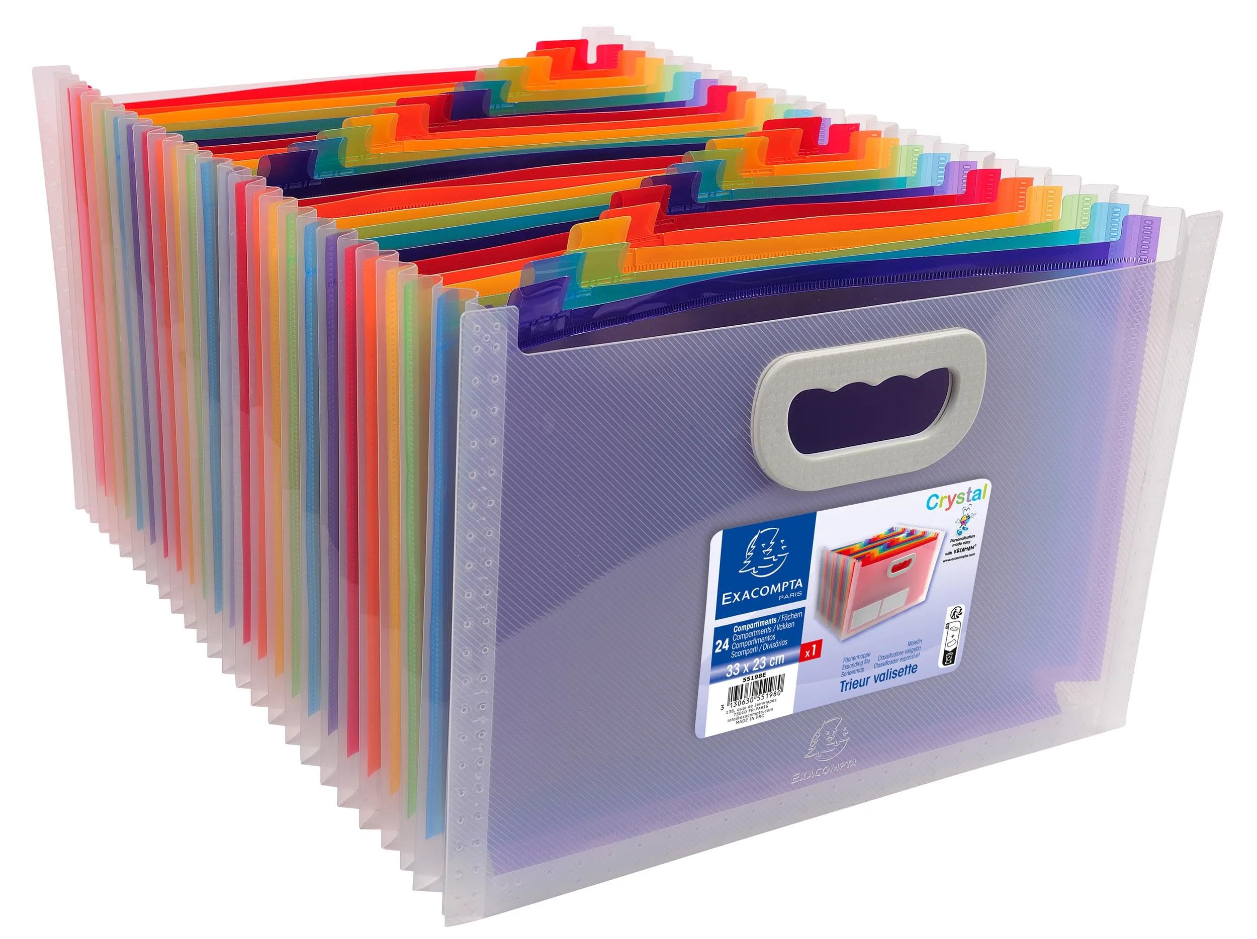 Exacompta - Rif. 55198E - Cartone da 4 raccoglitori per valigia estensibile con manici - copertina e interno in PP - con 2 portaetichette sul lato - 24 scomparti - dim 33x23,5x25 cm - cristallo