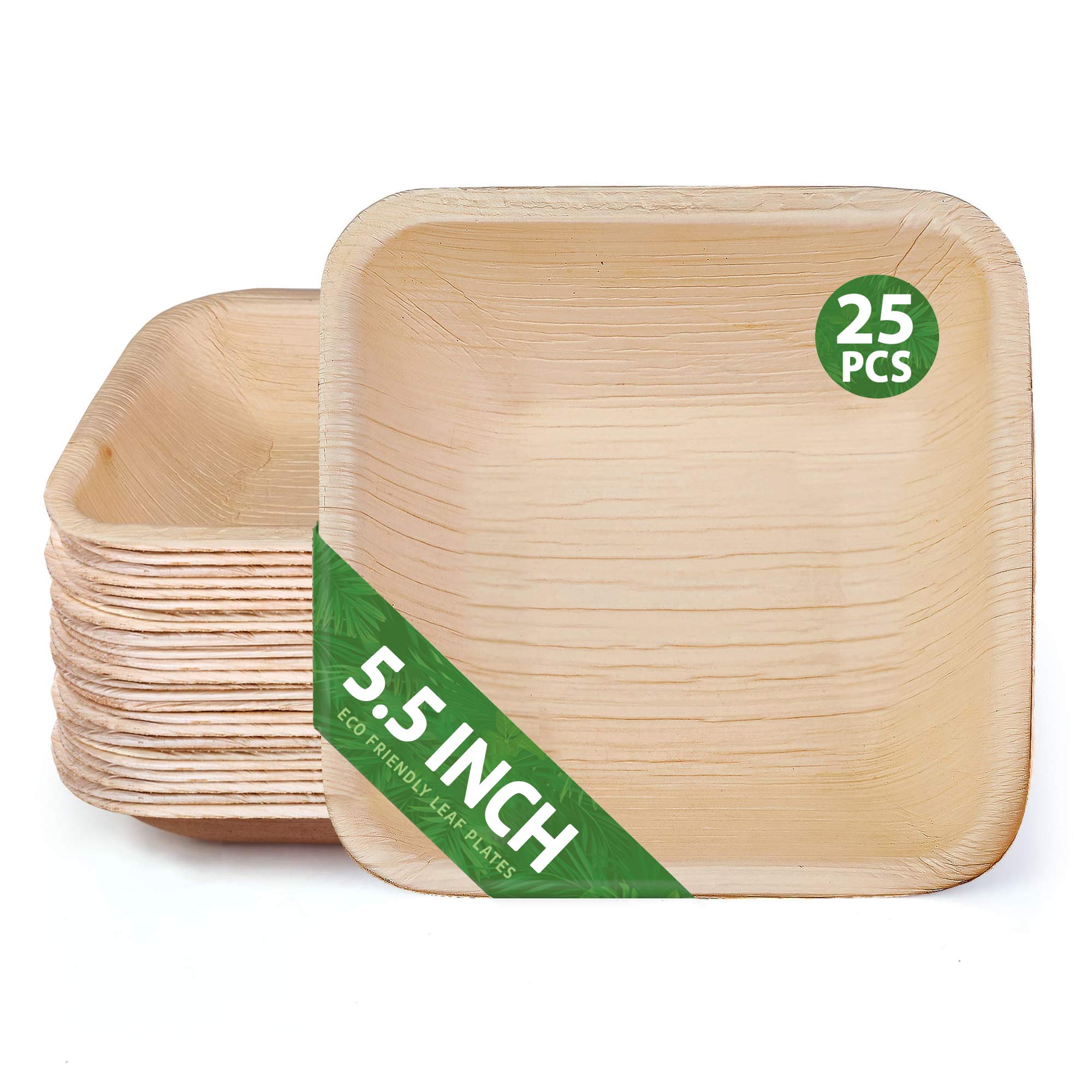 25 Pack of Square Deepl Disposable Palm Leaf Plates Set - 25 Palm Plates 5.5" - Sturdy & Elegant & Eco - Perfect for BBQs - Camping - Party - Home Use - Biodegradable & Compostable - by Eko Future