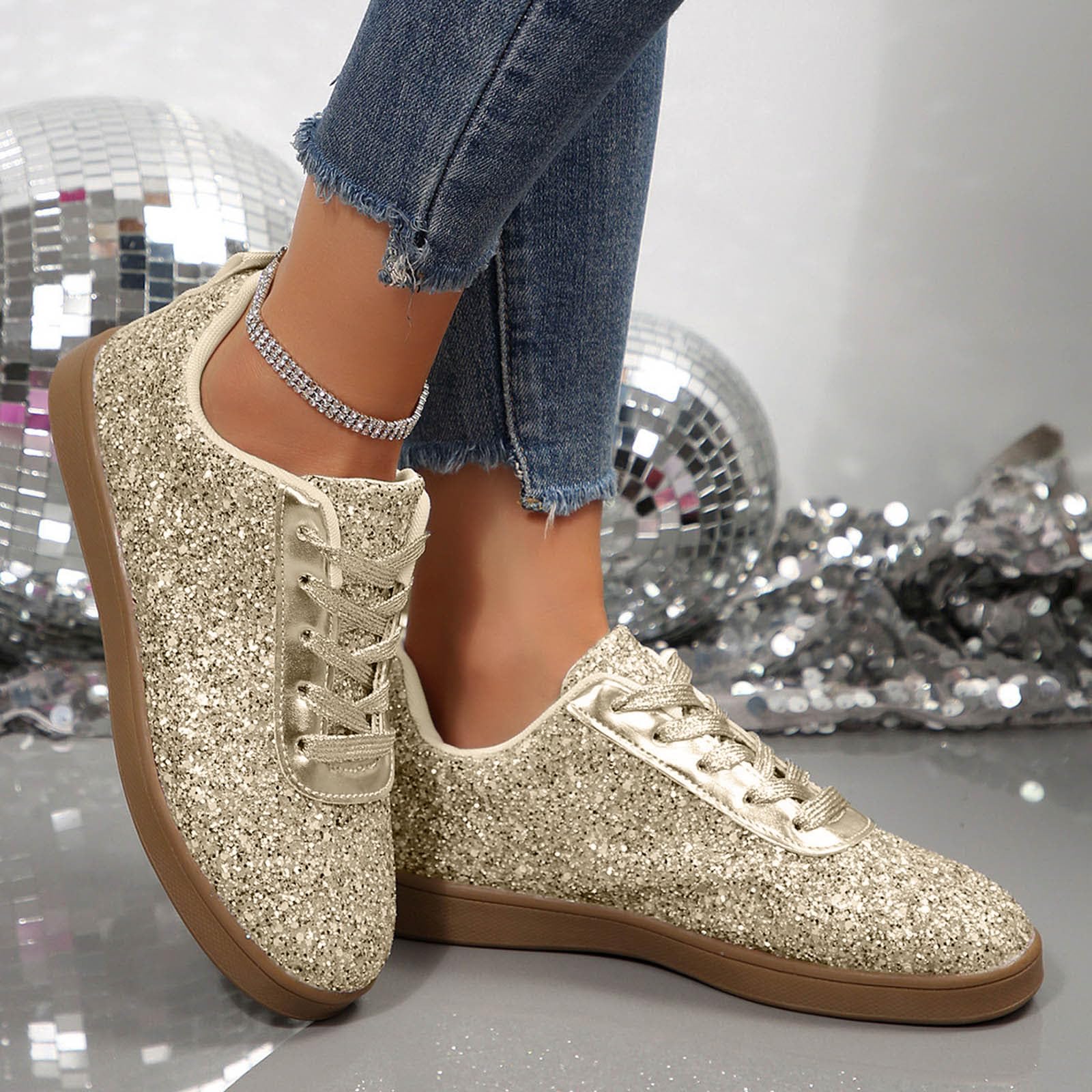 Zapatillas para mujer, zapatos planos con purpurina, zapatos informales, ligeros, transpirables, con cordones, zapatillas de deporte, zapatillas de deporte para mujer, zapatos informales