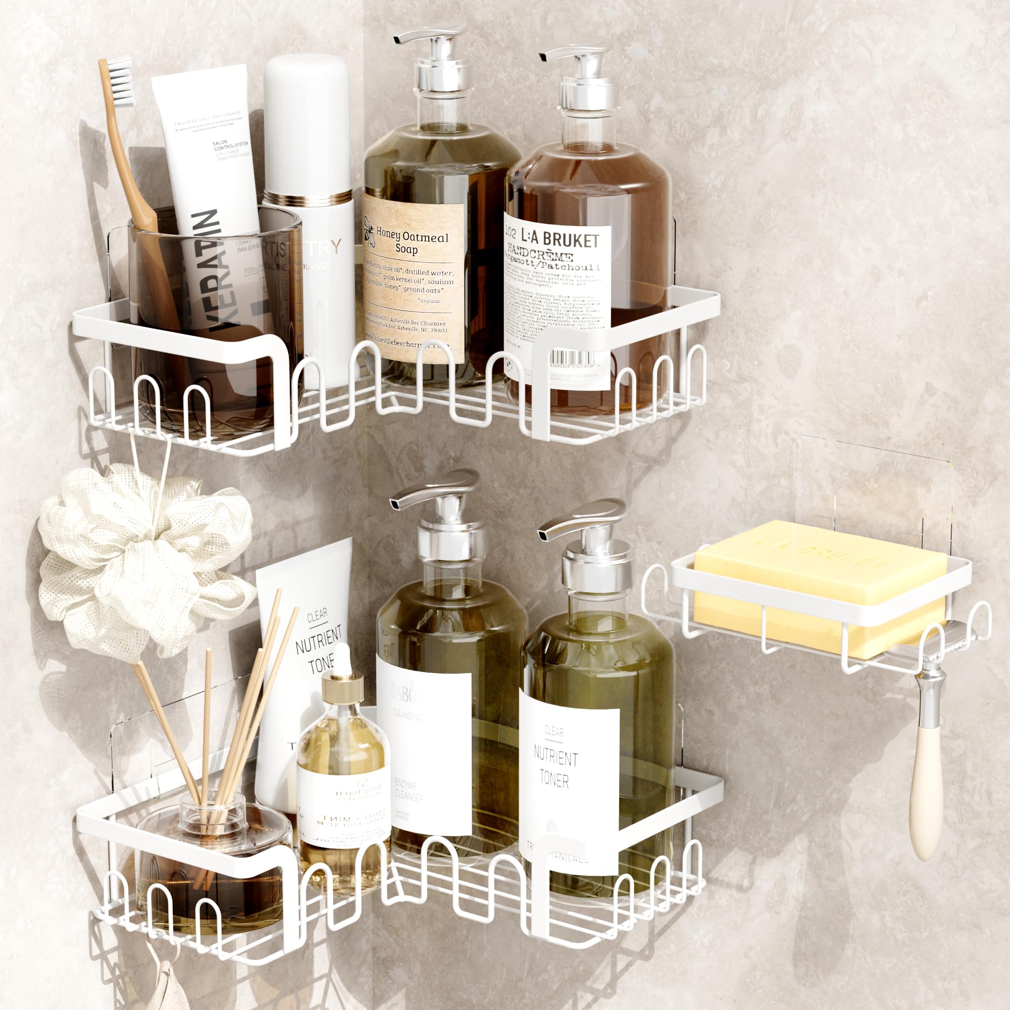 TIDIIABODE Corner Shower Caddy 3 Pack, Shower Shelf with Soap Holder & 24 Hooks, No Drill Shower Organiser, Stainless Steel Bathroom Shelves, Bathroom & Kitchen Storage, White