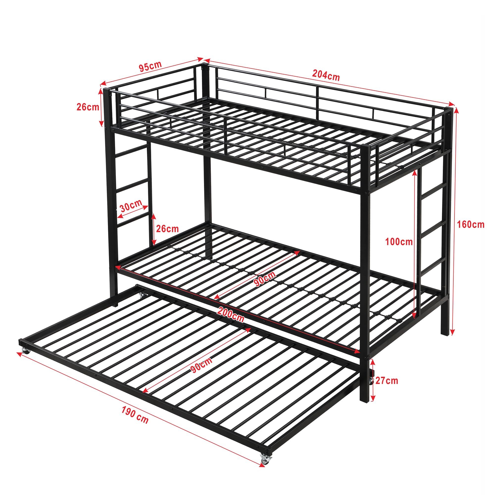 Azkoeesy Letto a castello 90x200 cm per 3 bambini e adulti - Letto estraibile - Struttura in metallo stabile - 2 scale (nero)