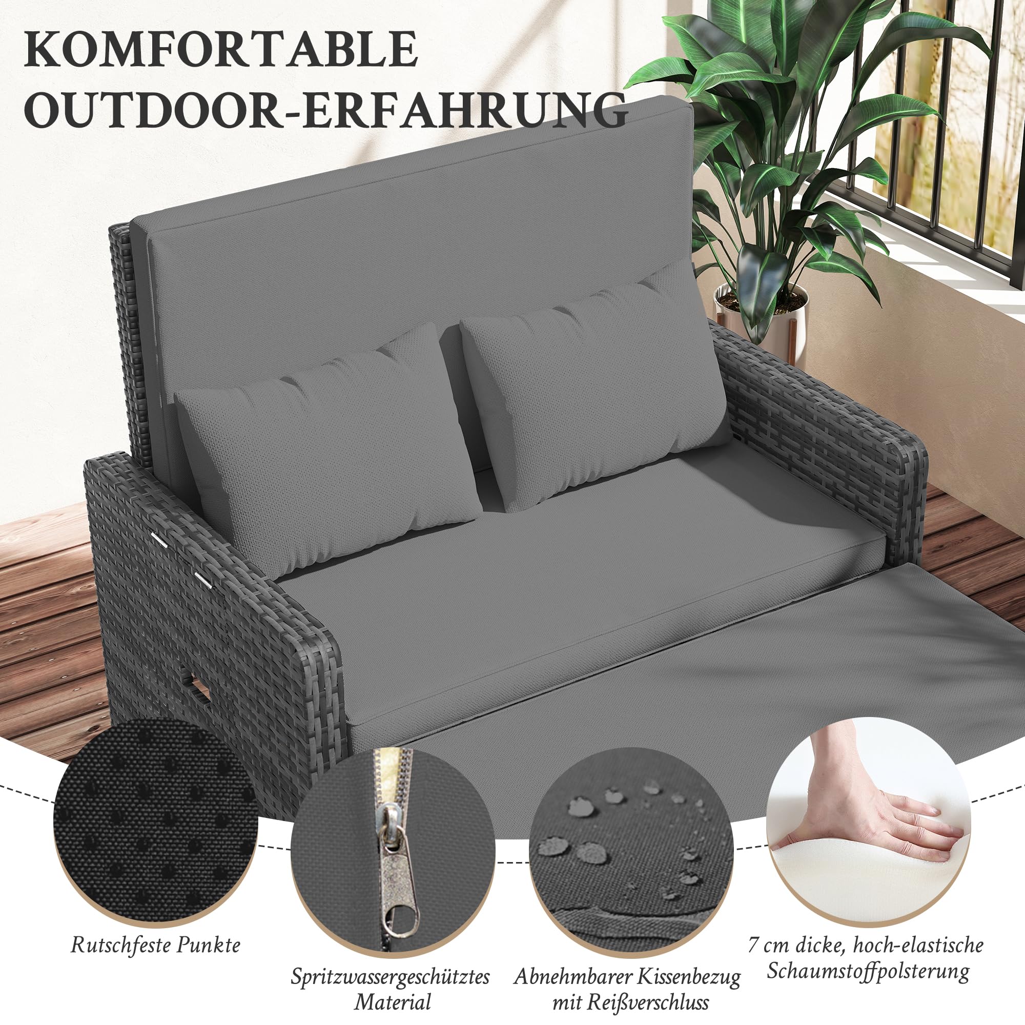 Amopatio Rattan Gartenlounge Outdoor Set, 2-Sitzer Gartensofa mit Verstellbarer Rückenlehne und Stauraum, Wetterfestes Lounge Möbel für Balkon und Terrasse, mit Hocker und Kissen, Grey
