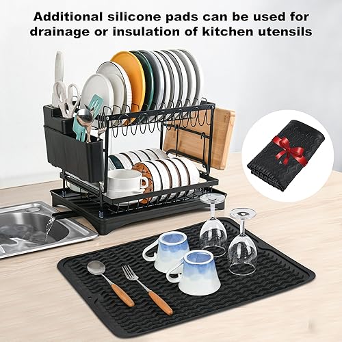 Miniatura 8 de Escurridor de platos grande desmontable de 2 niveles sobre la encimera de la cocina con escurridor y tapete de secado de platos de silicona, estante