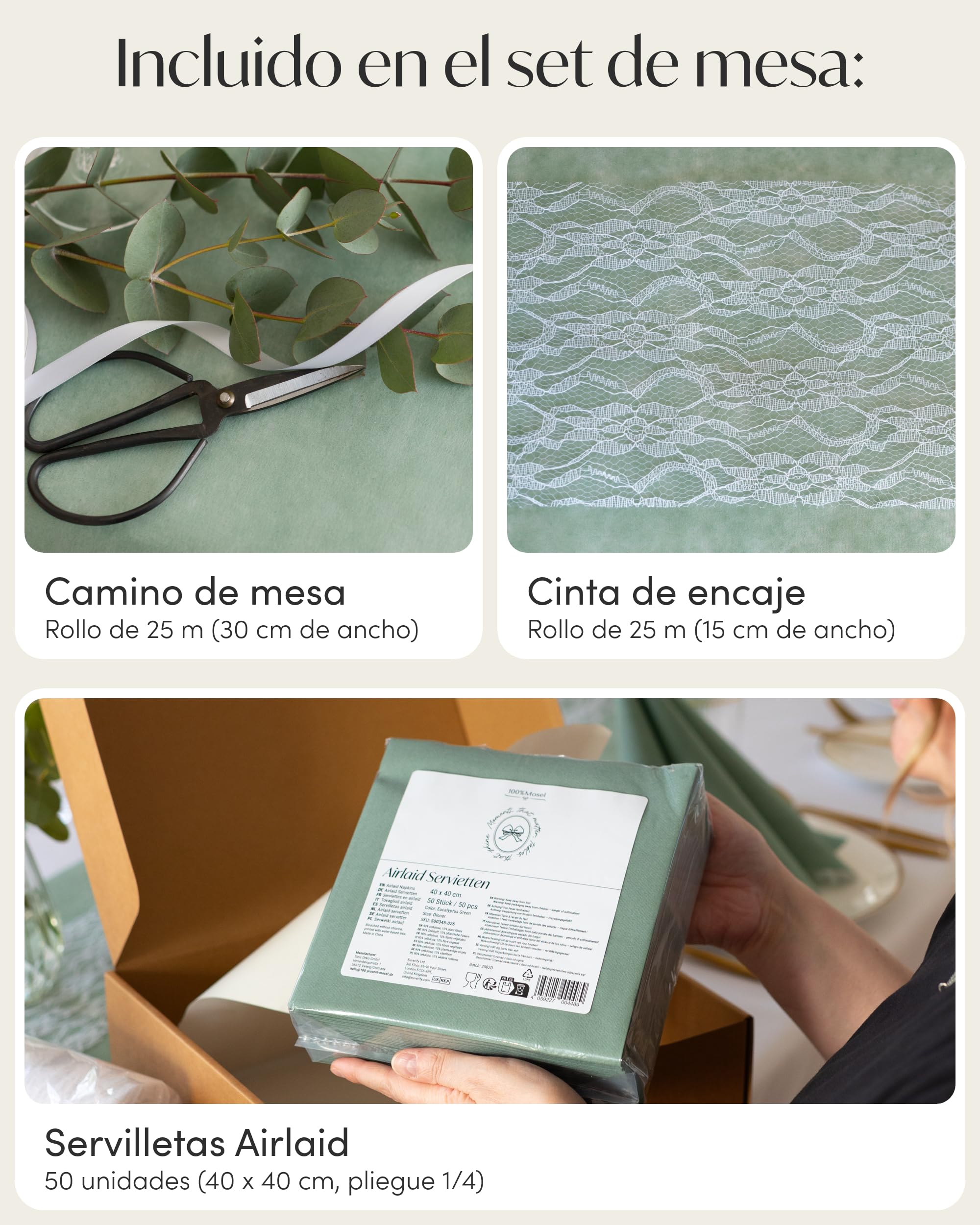 100%Mosel Kit de decoración de mesa – Verde Eucalipto & Blanco (25–50 inv.) | Camino de tejido no tejido & Encaje con Servilletas airlaid – Kit para Boda, Bautizo & Comunión