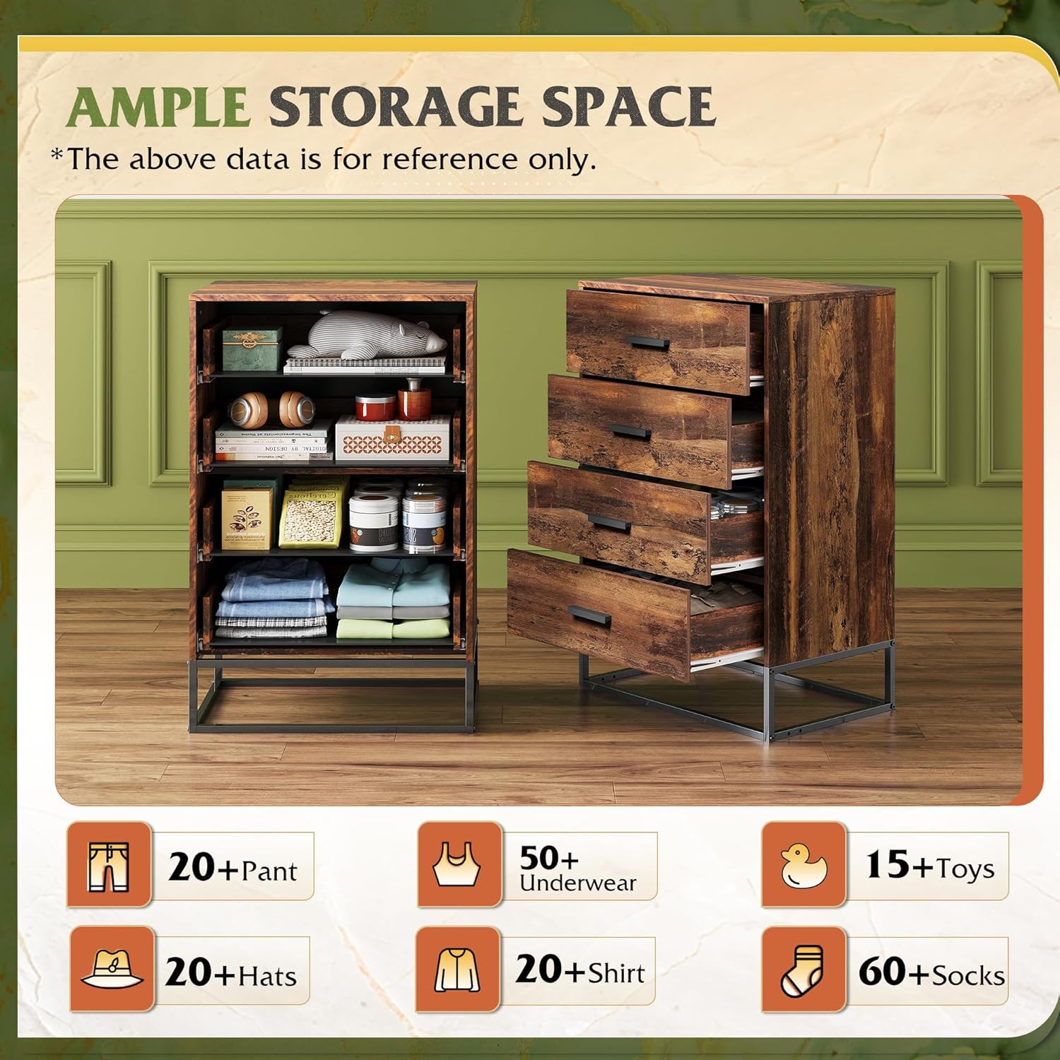 Diagram showing the dimensions of the WLIVE 4-Drawer Wood Dresser