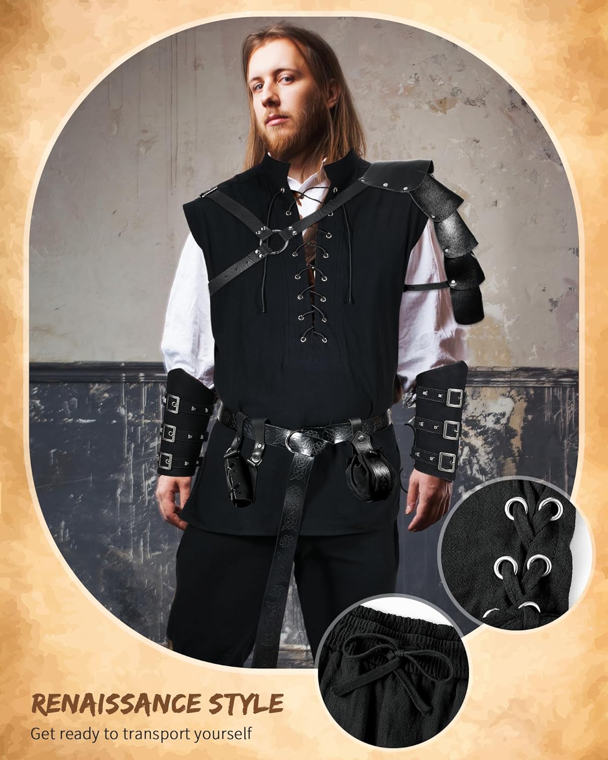 7 Pcs Halloween Men's Renaissance Costume Set Shirt Pants Belt Shoulder Armor Pouch Bracer Sword Bag