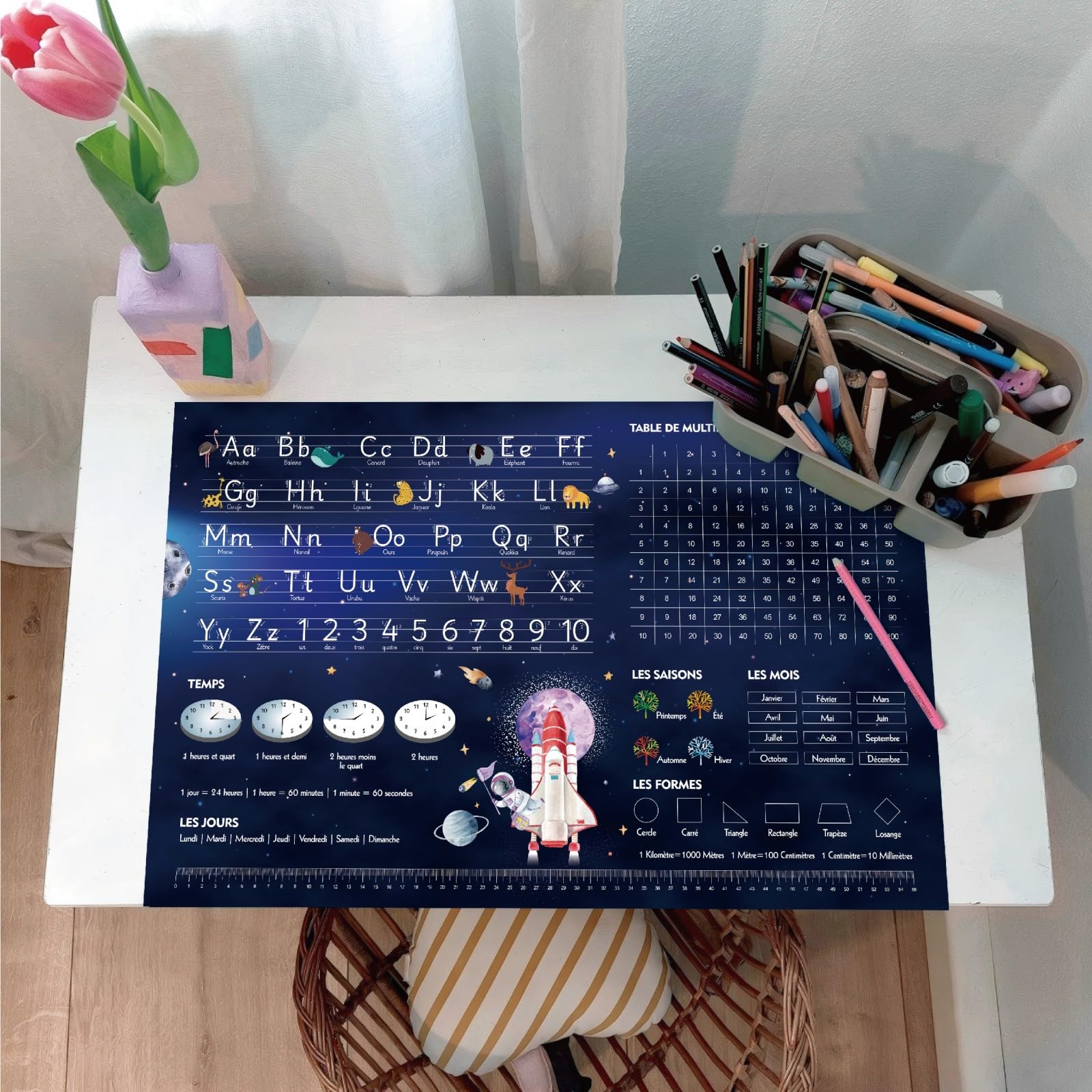 Éducatif Sous-main pour Enfant 40x60cm - Français - Thème Espace Univers - ABC avec Animaux - 1X1 - Formes - Heures - Tapis de Bureau Imperméable - Cuir PU Double Face effaçable facile à Nettoyer
