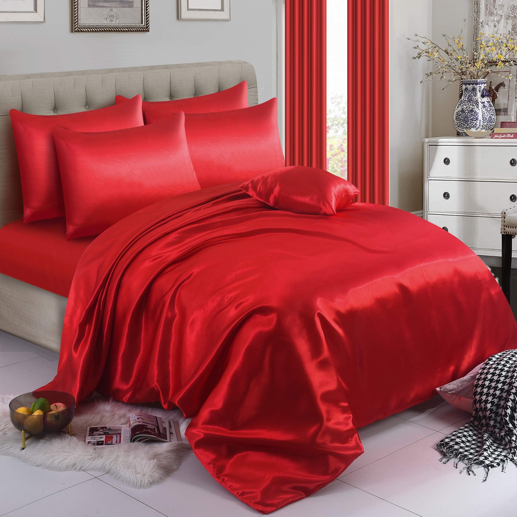 6 piece-Satin sheets Soft bedding shiny silky bedding in 11 colors bedding sets duvet/ duvet cover, Fitted sheet set, 4 pillow cases, complete bed sheet set-Double, King, Super king duvet set