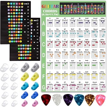20 Pcs Guitar Fingertip Protectors Guitar Finger Guards Protection Guitar Silicone Covers Caps for Guitar Bass Ukulele with 2 Pcs Guitar Fretboard Stickers and Guitar Chord Chart