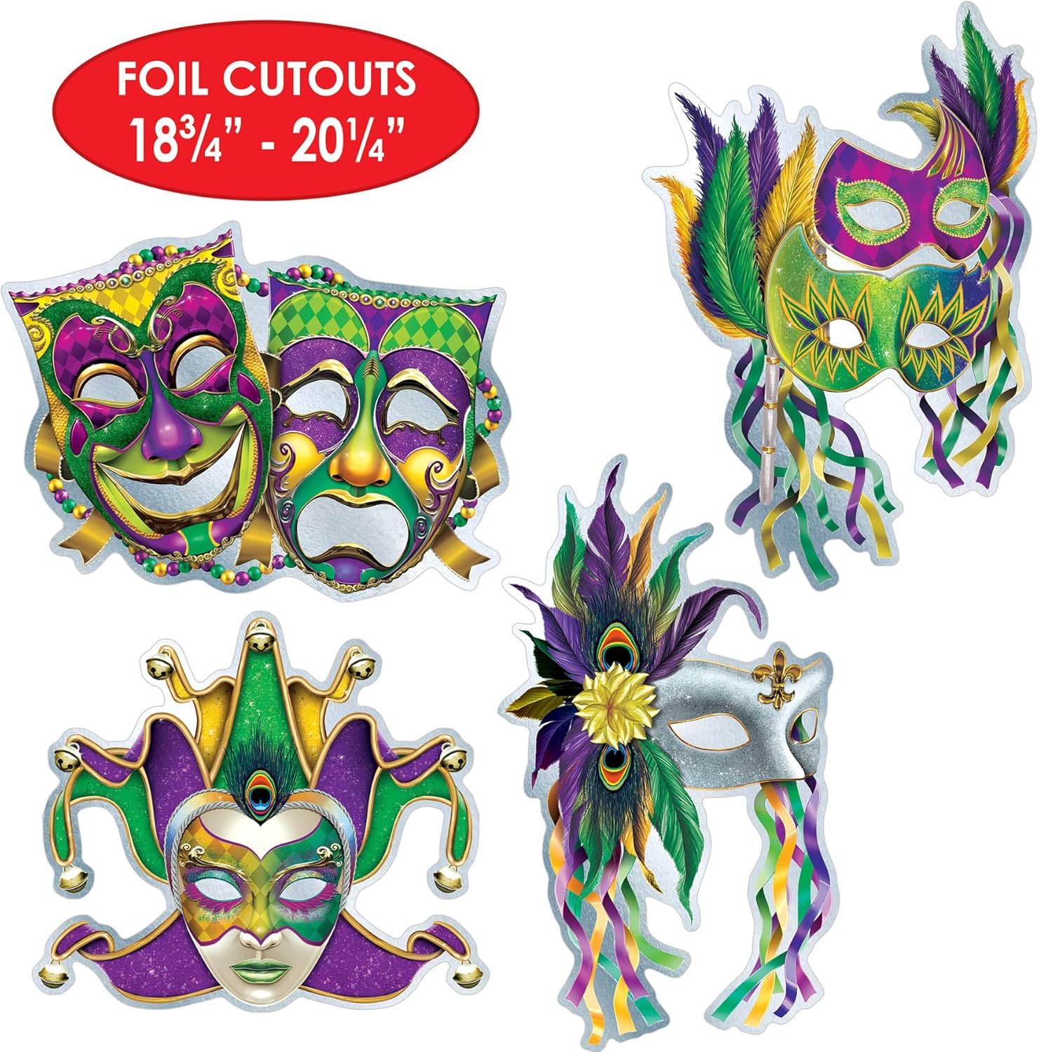 Beistle 8 Piece Foil Cardstock Paper Mardi Gras Decorations Mask Cut Outs Wall Décor for New Orleans Carnival Masquerade Party Supplies