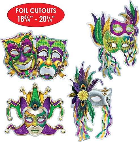 Miniatura 3 de Beistle 8 piezas de papel de cartulina de papel de aluminio, decoraciones de Mardi Gras, máscara recortada, decoración de pared para carnaval de