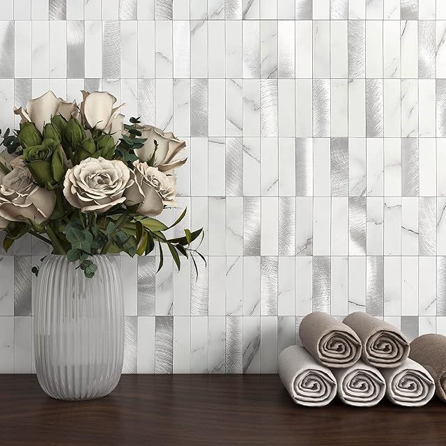 VAOVI Self-Adhesive Wall Tiles Kitchen Splashback,Bathroom Tile Stickers Stone Mosaic White(5pcs)