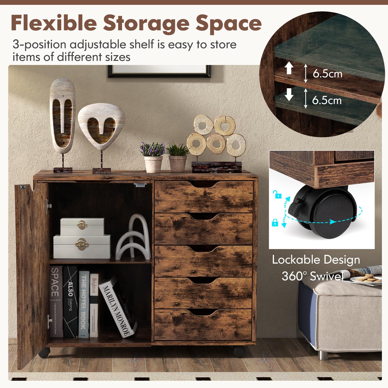 Cassettiera Ufficio Vinsetto 2 Cassetti Con Ruote | Legno Bianco 40x49x58cm | Serratura Inclusa - Foto 4