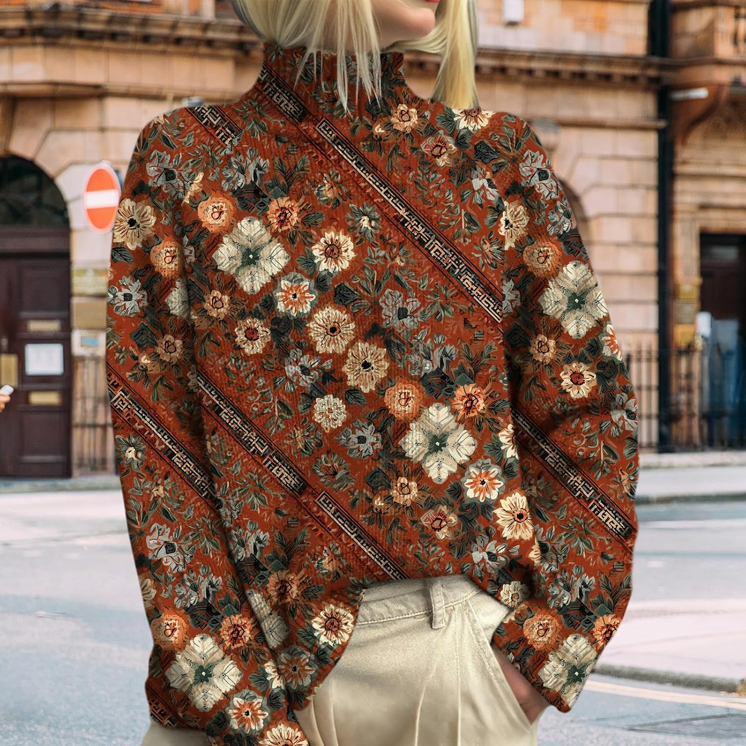 Ethnic Print Sweatshirt for Women Turtleneck Long Sleeve Vintage Graphic Pullover Cozy Warm Casual Ribbed Knit Tunic Tops - Image 3