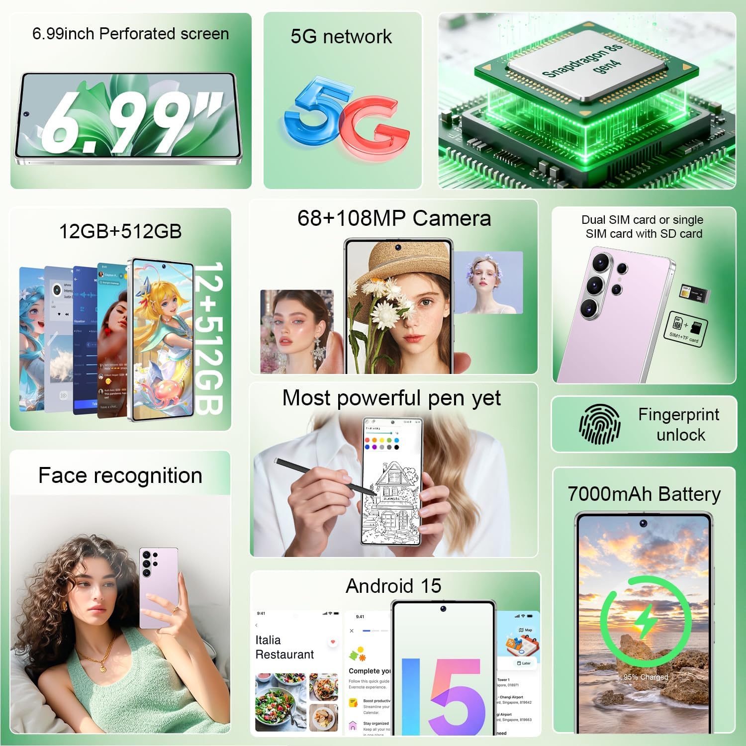 WWT 26 Ultra Unlocked Phone,Android 15 12+512GB Smartphone,Built in Pen The Phone,Cell Phone Battery 7000mAh 6.99" HD Screen,Dual SIM/5G/Face ID/Fingerprint Lock/GPS (Pink, 12+512GB)