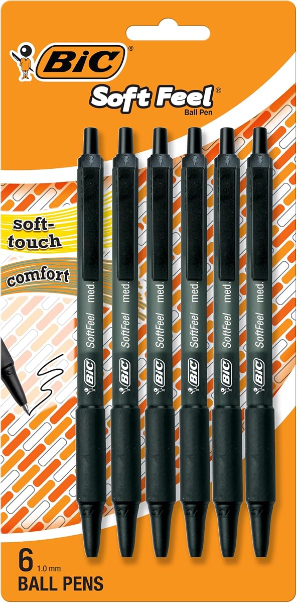 BIC Soft Feel Ballpoint Pen, Black Ink, 6-Count | Reliable Everyday Performance, Smooth Writing, Retractable Design, Comfort Grip, Part of the Soft Feel Series