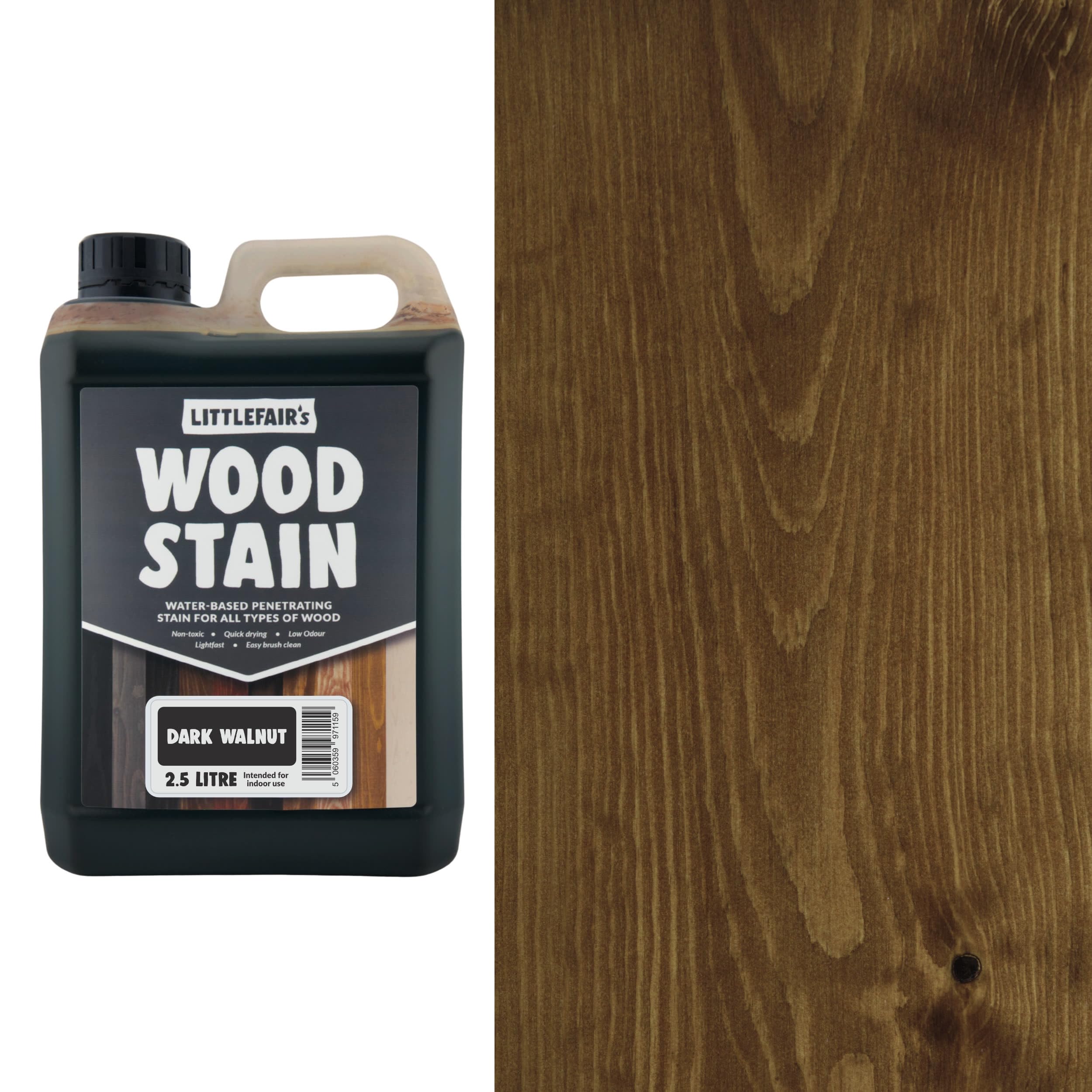 Littlefair's Dark Walnut Wood Stain Water Based - 2.5 Ltr - Indoor Furniture Stain Light & Dark Finishes - Special Non Toxic & Eco Friendly Formula - Wood Stain For Crafts - Colour:
