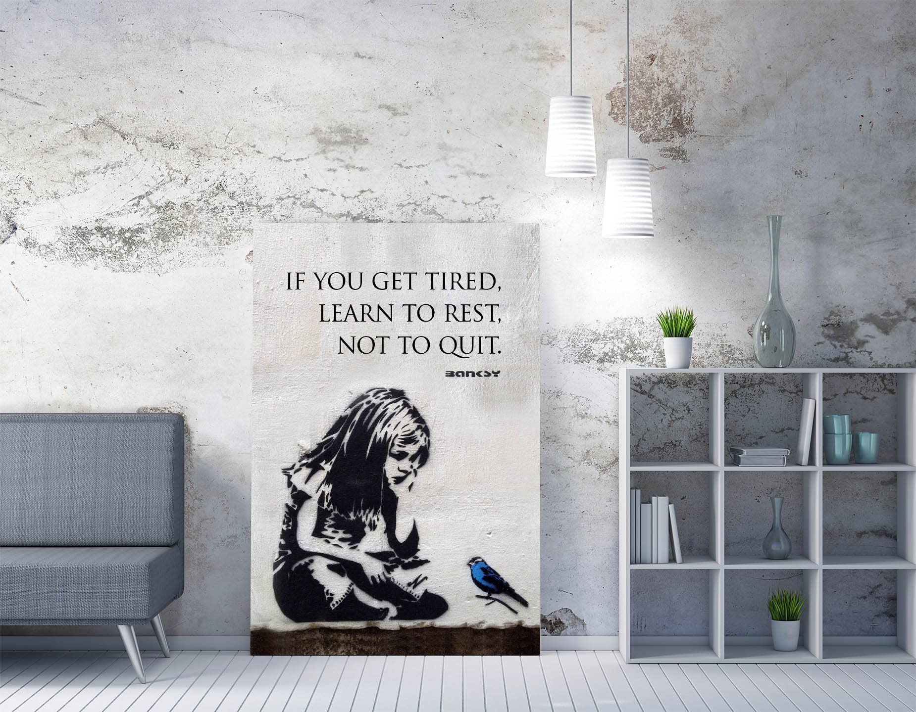 Canvasartshop Girls Blue Banksy Bird Portrait Quote Framed Canvas Wall Art Print Artwork Graffiti (8In X 12In / 20Cm X 30Cm)
