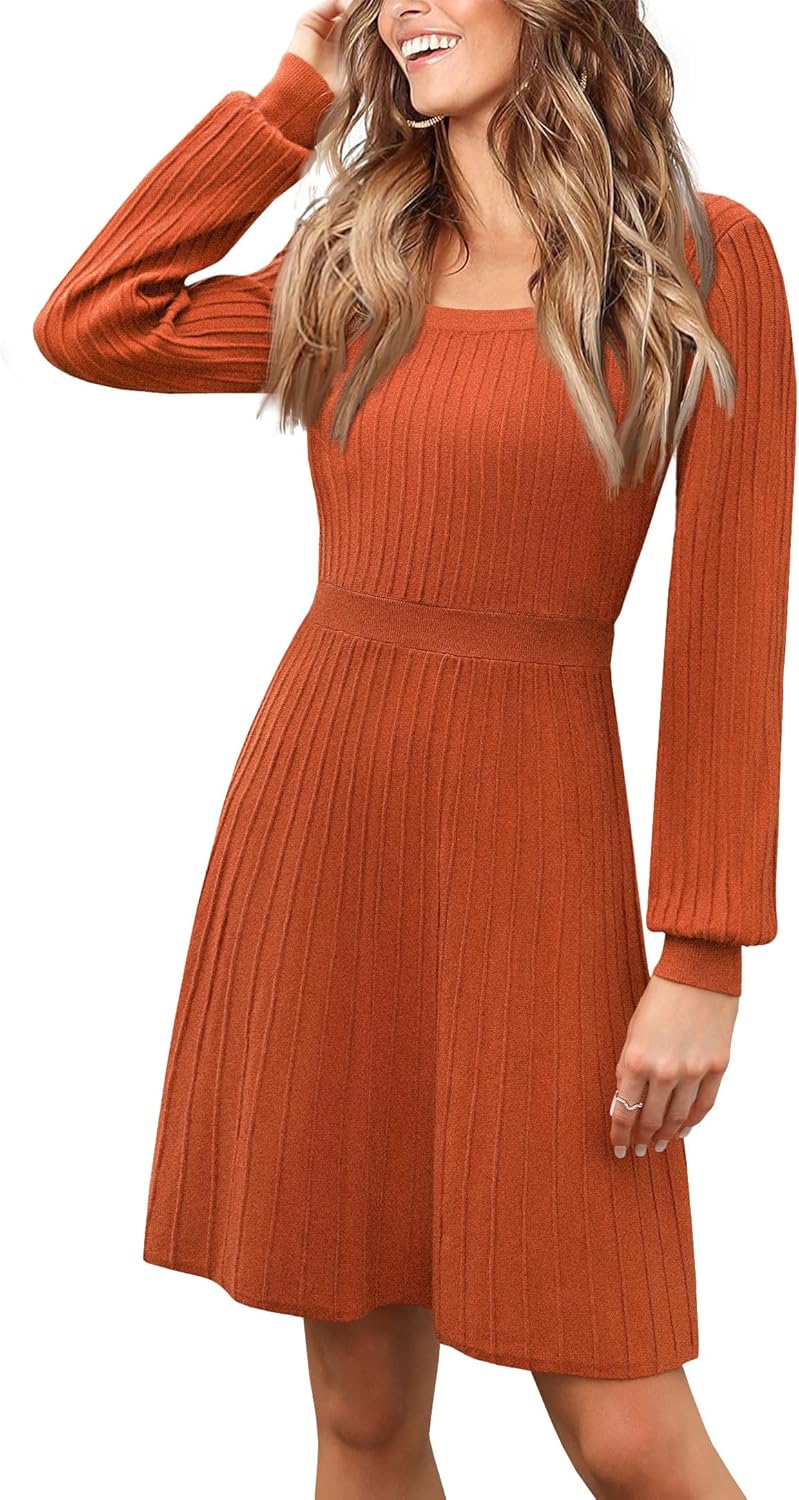 Miladusa Sweater Dress for Women Trendy Long Sleeve Dress Square Neck A Line Ribbed Knit Swing Dress Brown S - Image 2