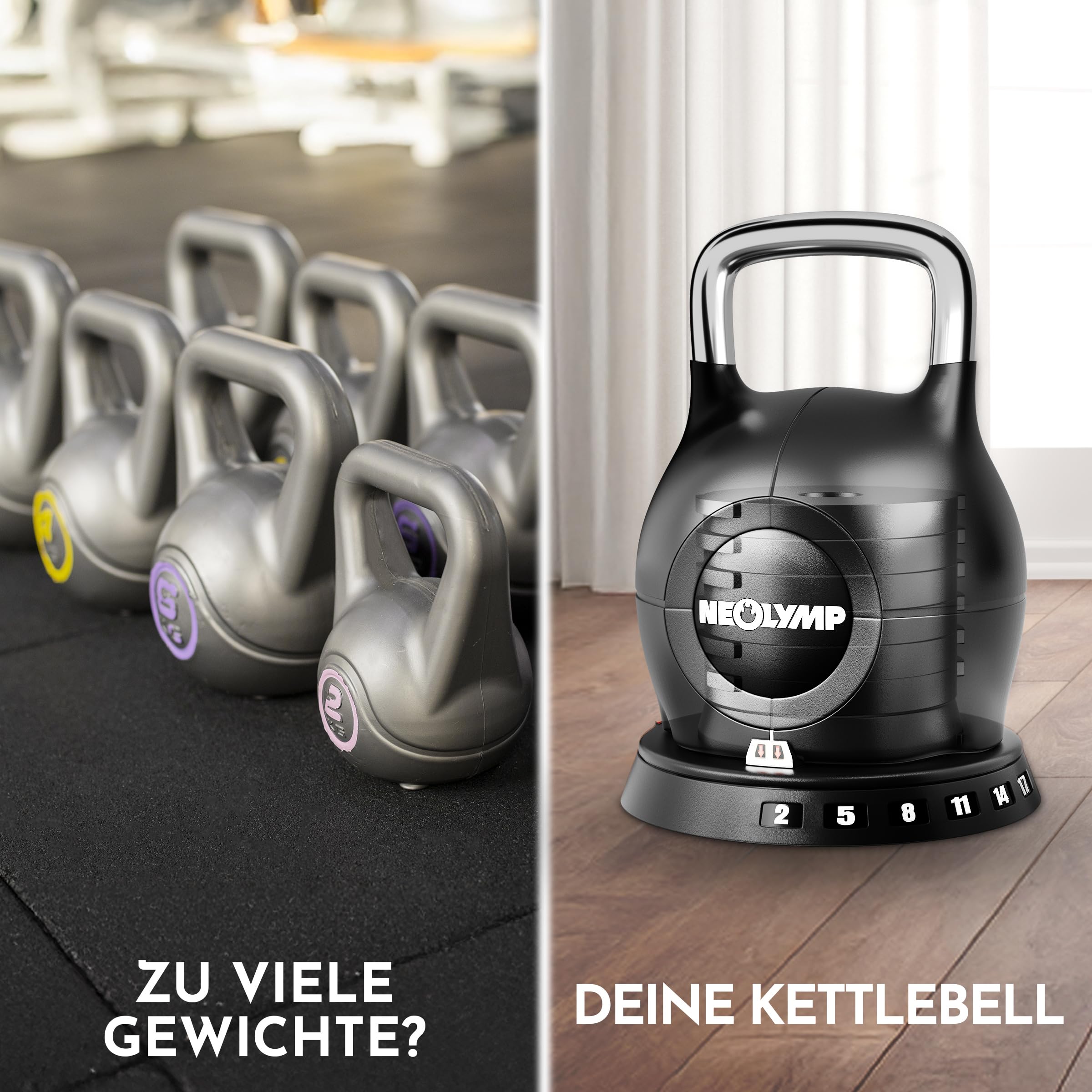 NEOLYMP Kettlebell Set 2-20 kg - 7-in-1 Kettlebell verstellbar für Ganzkörper-Workout Zuhause - Kugelhantel mit robustem Edelstahl-Handgriff für perfektes Schwungerlebnis