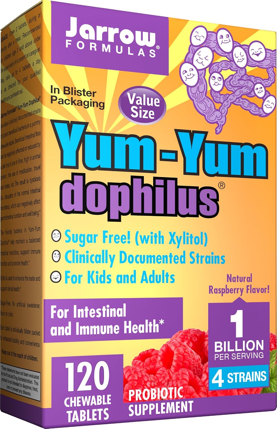 Jarrow Formulas Yum-Yum Dophilus, Supports Children's Gastrointestinal Health, 1 Billion Cells per Chewable Tablet, Raspberry Flavor, 120 Count (Cool Ship, Pack of 3)