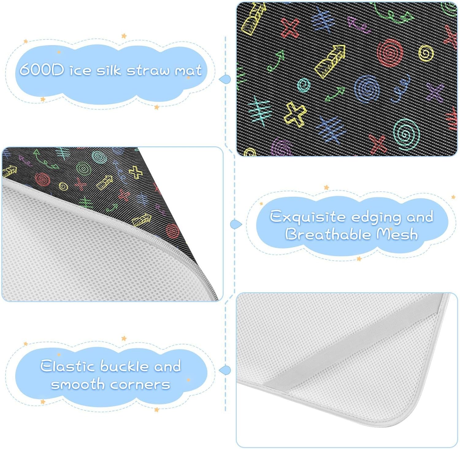 Baby Cooling Mat Colorful Doodle Pattern Ice Silk Breathable Mesh Summer Crib Mattress Pad with Pillowcase, Soft Cooling Sleeping Surface for Infant & Toddler, 52"x28"