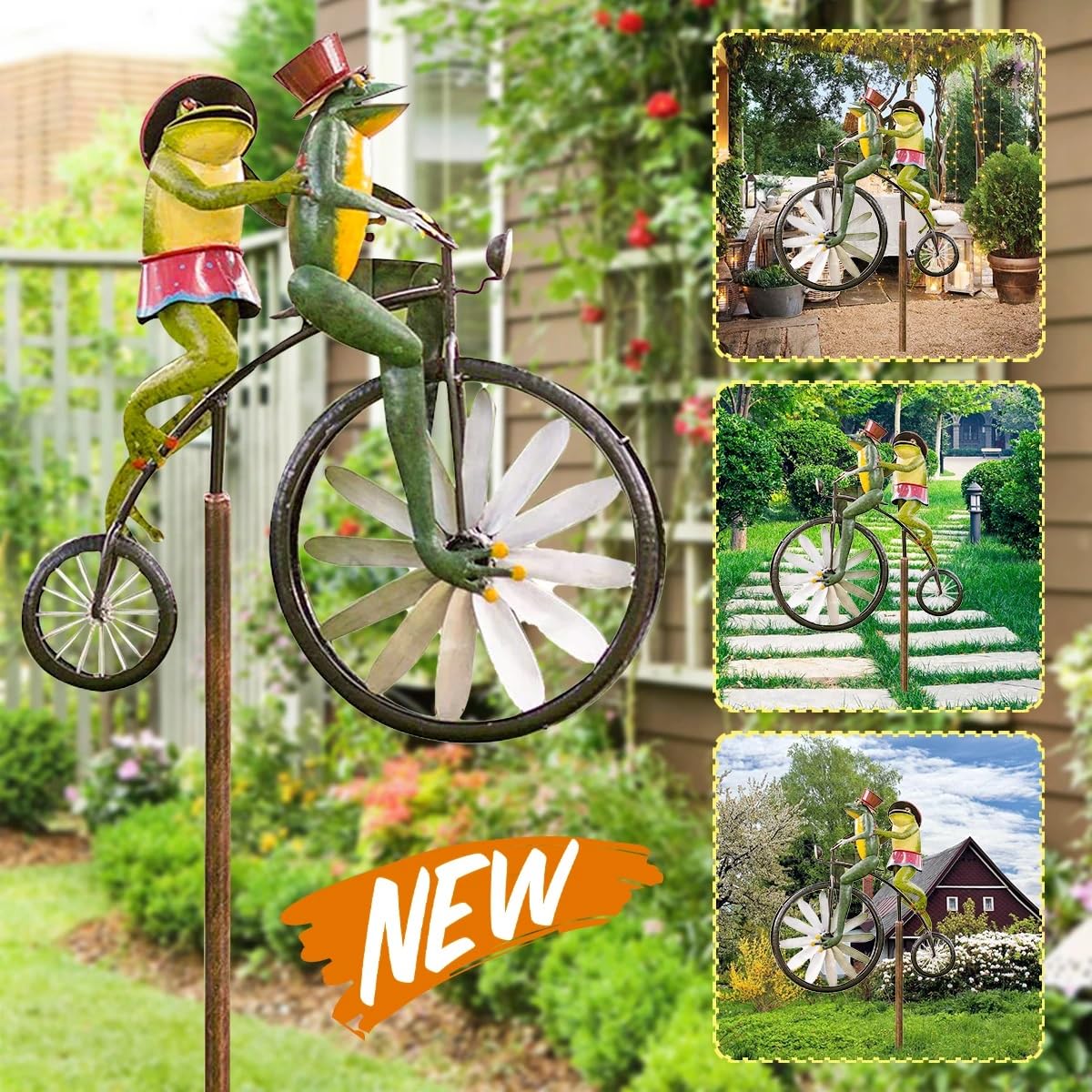 Metalowy wiatrak rowerowy vintage, metalowa żaba, rzeźba ogrodowa