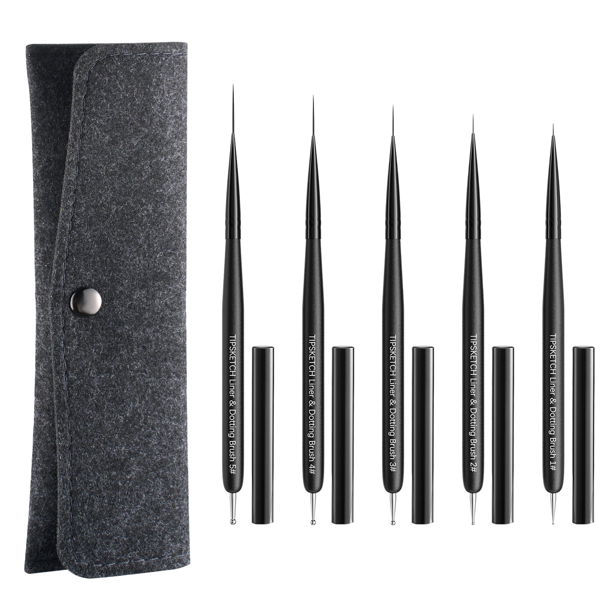 Nail Art Liner Brushes 5Pcs with Caps & Bag,Double‑Ended Thin Liner & Dotting Pen Set(4/8/12/15/20mm) for Long Lines,Fine Details,Gel Polish & Nail Painting