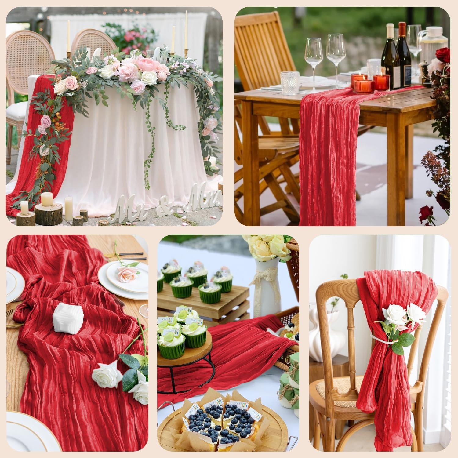 12PCS Table Runner Cheesecloth 10FT Red Boho Gauze Cheese Cloth Rustic Sheer Table Runners for Wedding Birthday Bridal Baby Shower Party Decoration