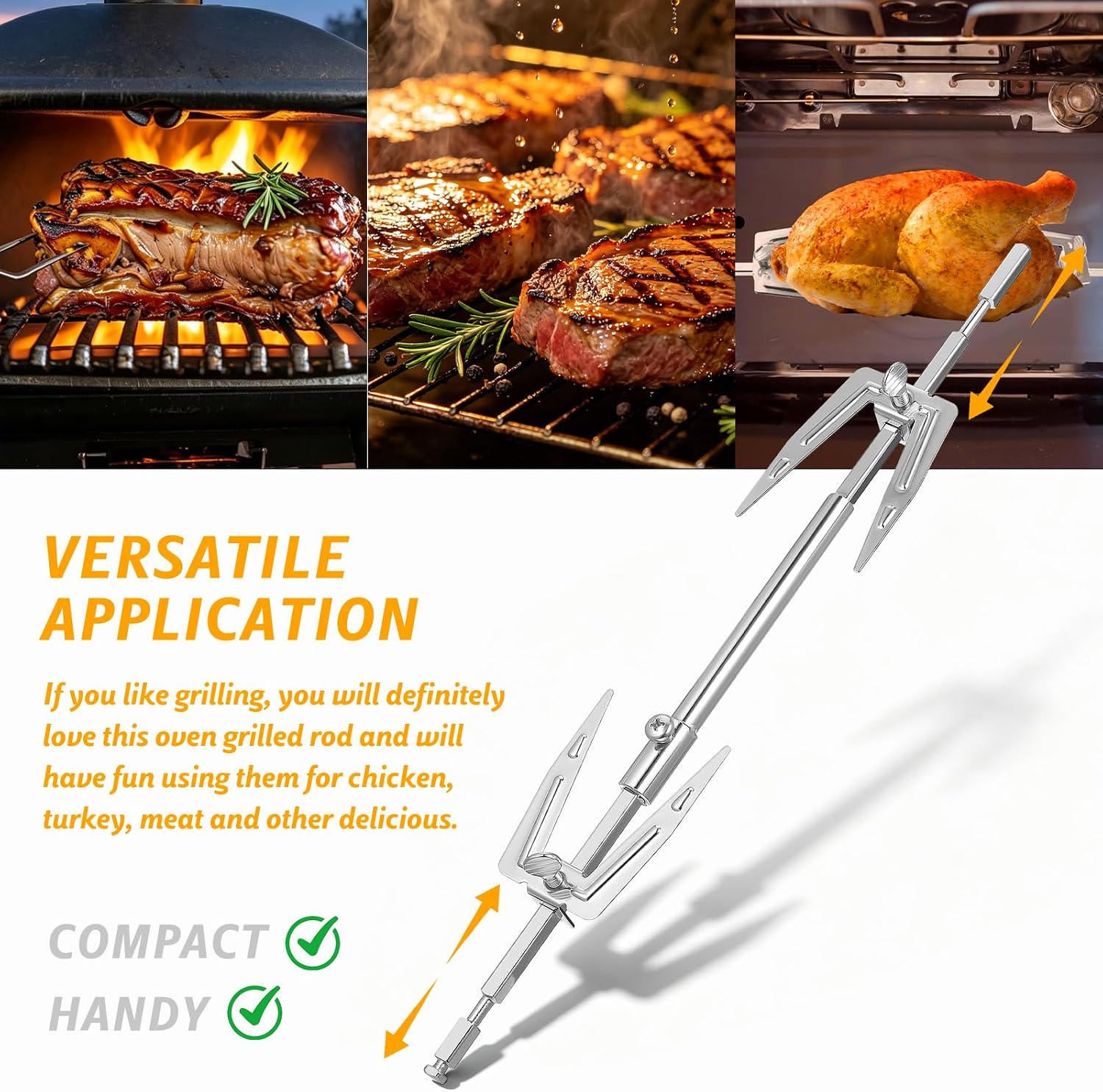 Abaodam Adjustable Rotisserie Fork 1/4 inch Rotisserie Spit Rod for Air Fryer, Stainless Steel Replacement Meat Fork, 15” Telescopic for Oven Air Fryer Accessory