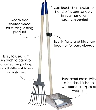 Spotty Wood Handle Pooper Scooper Durable Solid Metal Poop Tray with Rake 36.75 Long Handled Scoop | Great for Large or Small Dogs | No Assembly Required | Better for The Environment Than Plastic